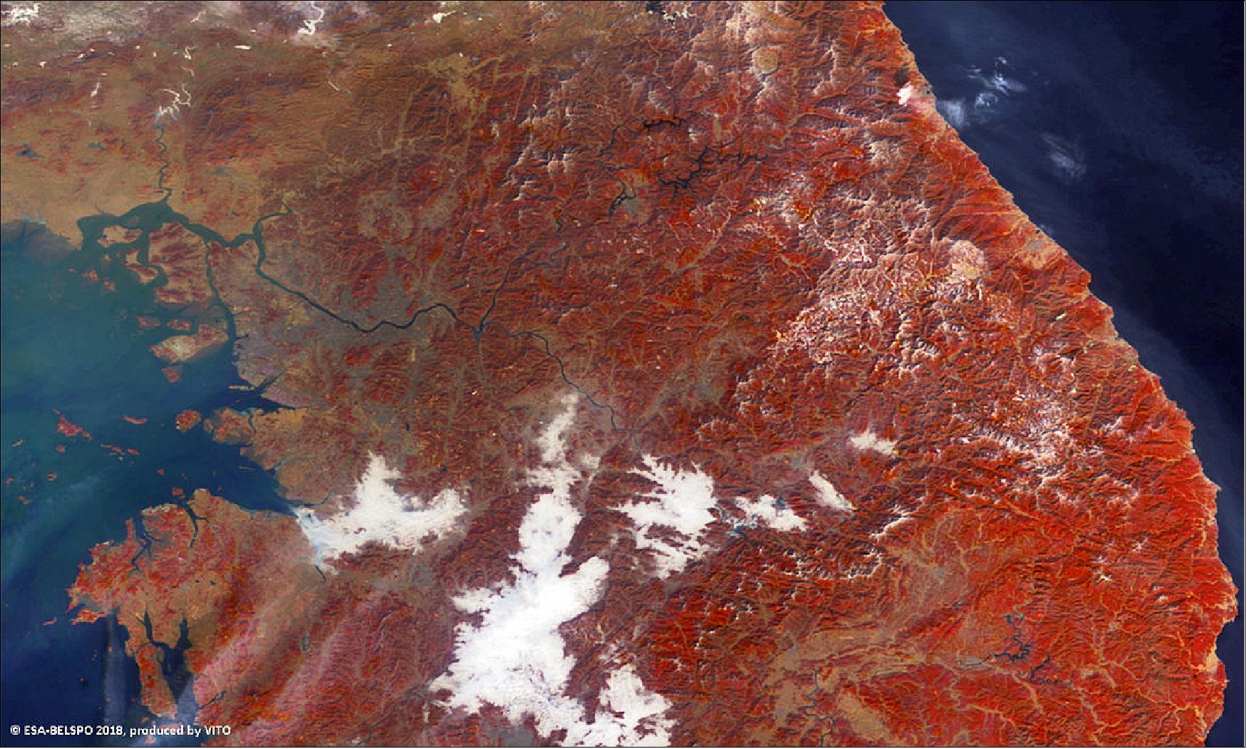 Figure 32: PROBA-V false-color image of a portion of the Korean Peninsula with 300 m resolution, acquired on 21 January 2018 (image credit: ESA/Belspo – produced by VITO)