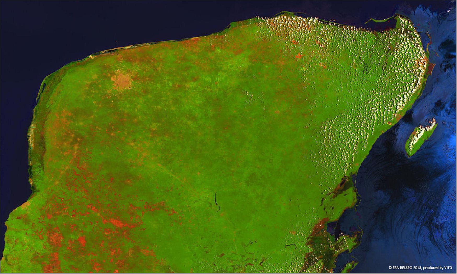 Figure 30: This 100 m resolution image of the Yucatán peninsula was acquired with PROBA-V on 23 July 2018 (image credit: ESA/Belspo – produced by VITO)