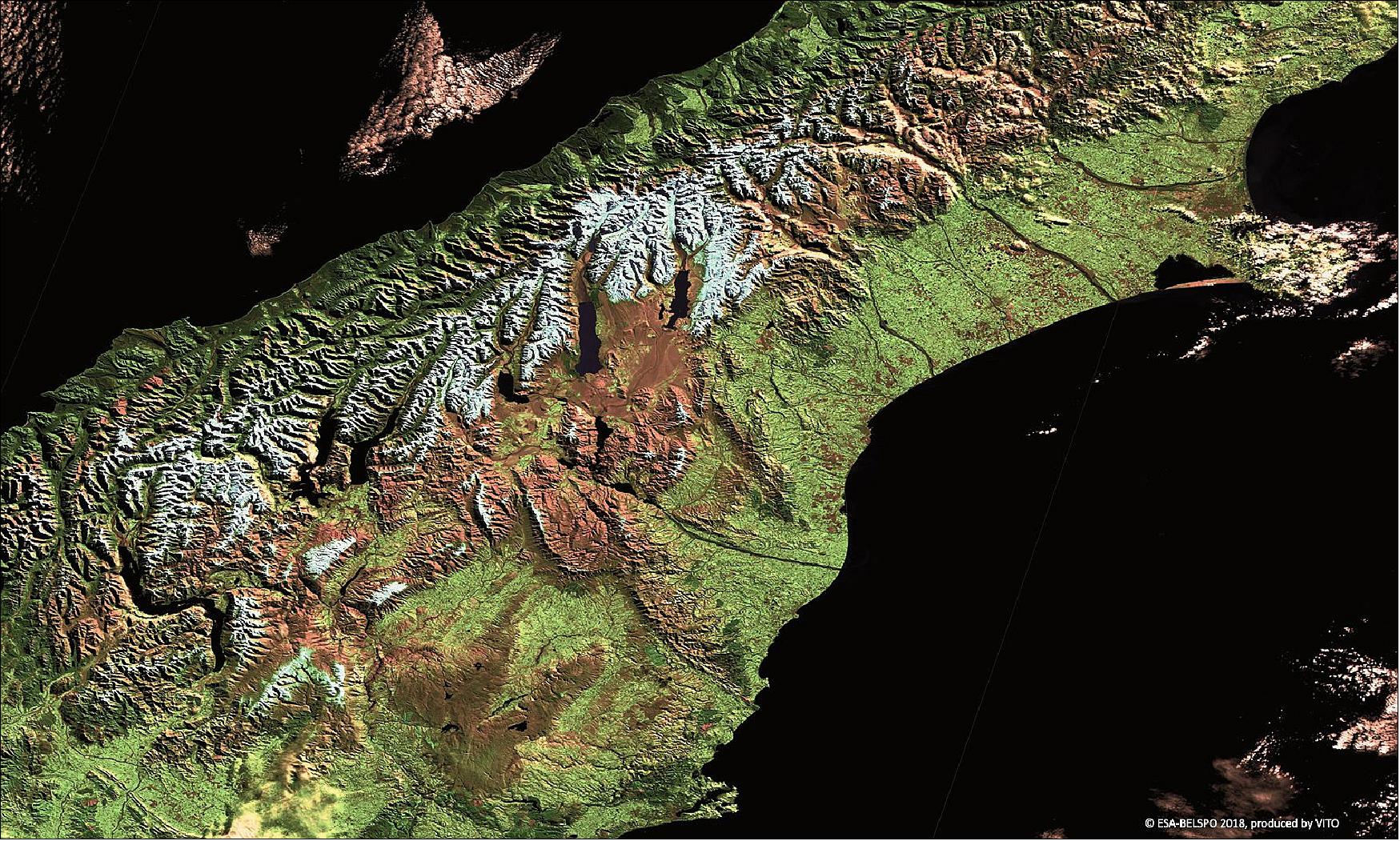 Figure 25: New Zealand's South Island imaged by PROBA-V. This 100 m spatial resolution image was acquired on 1 May 2018 (image credit: ESA/Belspo – produced by VITO)
