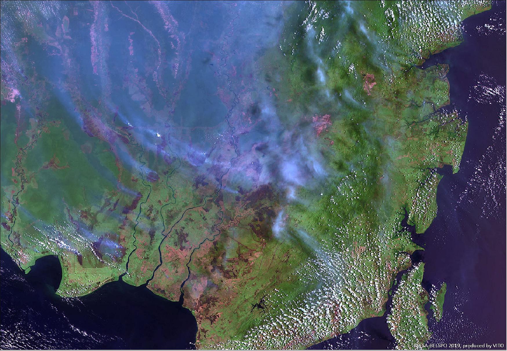 Figure 22: This false-color image from ESA's PROBA-V minisatellite, captured on 18 September, shows an abundance of smoke plumes over Kalimantan, the Indonesian part of the island of Borneo (image credit: ESA/Belspo – produced by VITO)