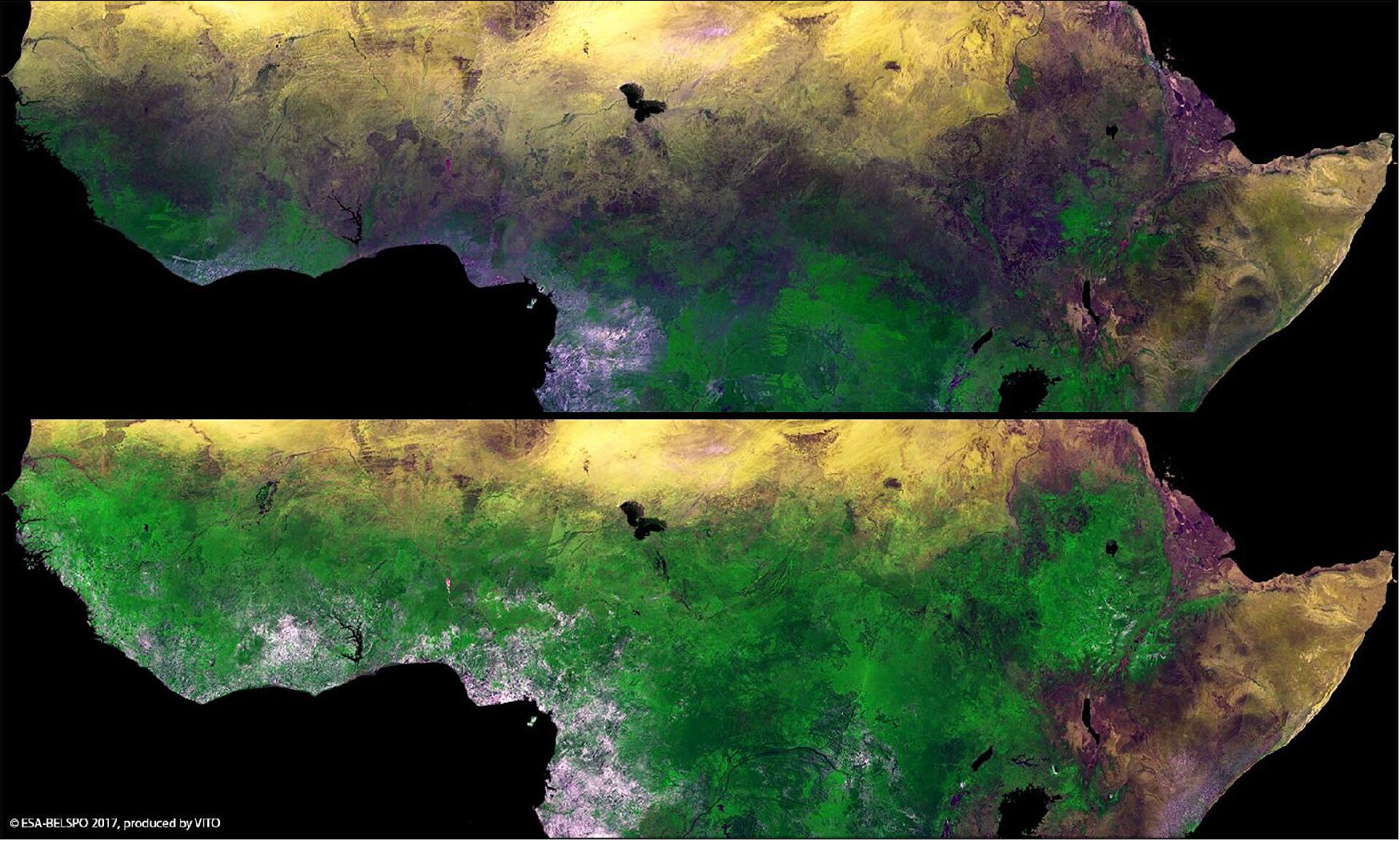 Figure 21: ESA's PROBA-V minisatellite reveals the seasonal changes in Africa's sub-Saharan Sahel, with the rainy season allowing vegetation to blossom between February (top) and September (bottom). The semi-arid Sahel stretches more than 5000 km across Africa, from the Atlantic Ocean (Senegal, Mauritania) to the Red Sea (Sudan). The few months of the rainy season in the Sahel are much needed in these hot and sunny parts of Africa, and are critical for the food security and livelihood of their inhabitants. The name Sahel can be translated from Arabic as coast or shore, considered as the ever-shifting landward ‘coastline' of the arid Sahara Desert (image credit: ESA/Belspo – produced by VITO)