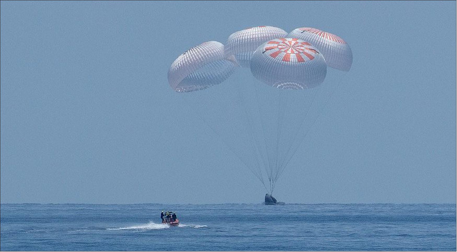 Figure 5: A SpaceX Crew Dragon spacecraft splashes down in the Gulf of Mexico Aug. 2 to conclude the Demo-2 commercial crew test flight (image credit: NASA/Bill Ingalls)