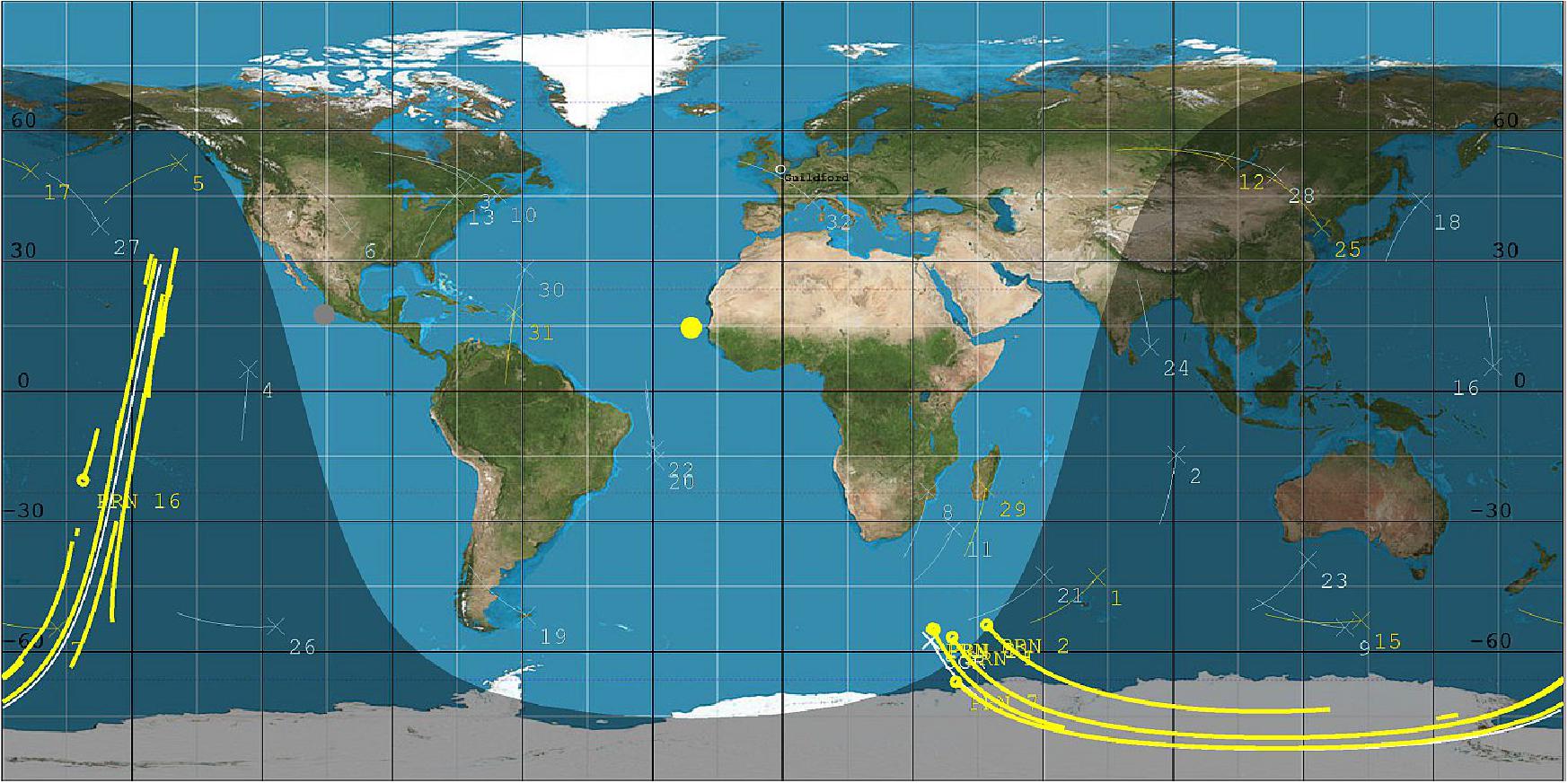 Figure 4: DoT-1 sub-satellite track (white) and GPS reflection tracks (yellow) collected during 40 minute data operation (image credit: SSTL)