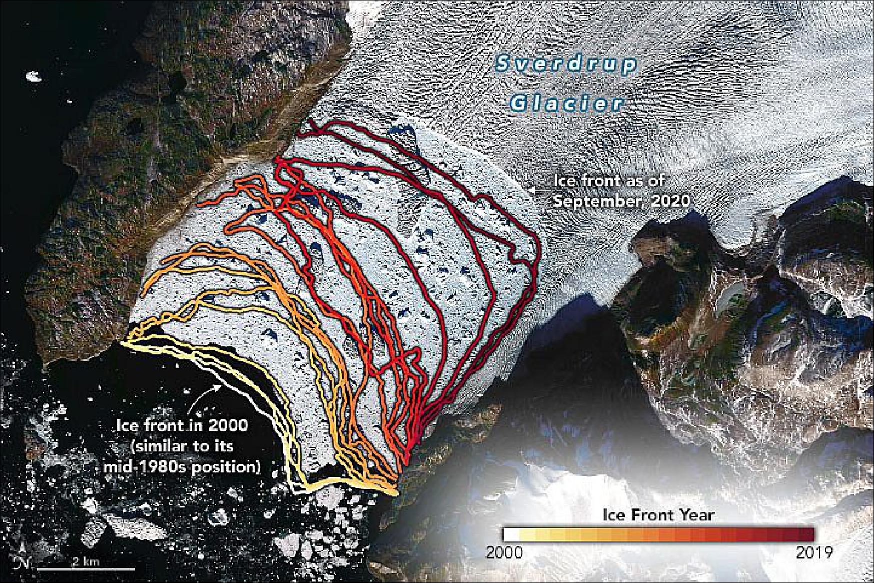 Figure 13: This image, acquired by the OLI instrument on Landsat-8, shows Sverdrup Glacier on September 21, 2020. Lines indicate the retreating position of the glacier front since 2000. The position in 2000 was similar to the mid-1980s, indicating that there had been a period of stability when ocean temperatures were cool. Then, between 1998 and 2007 (Landsat-7), waters around Greenland warmed rapidly—almost 2 degrees Celsius—and the glacier started to thin, flow faster, and retreat (image credit: NASA Earth Observatory image by Joshua Stevens, using Landsat data from the U.S. Geological Survey and data courtesy of Wood, M. et al. (2021). Story by Kathryn Hansen and Ian O’Neill)