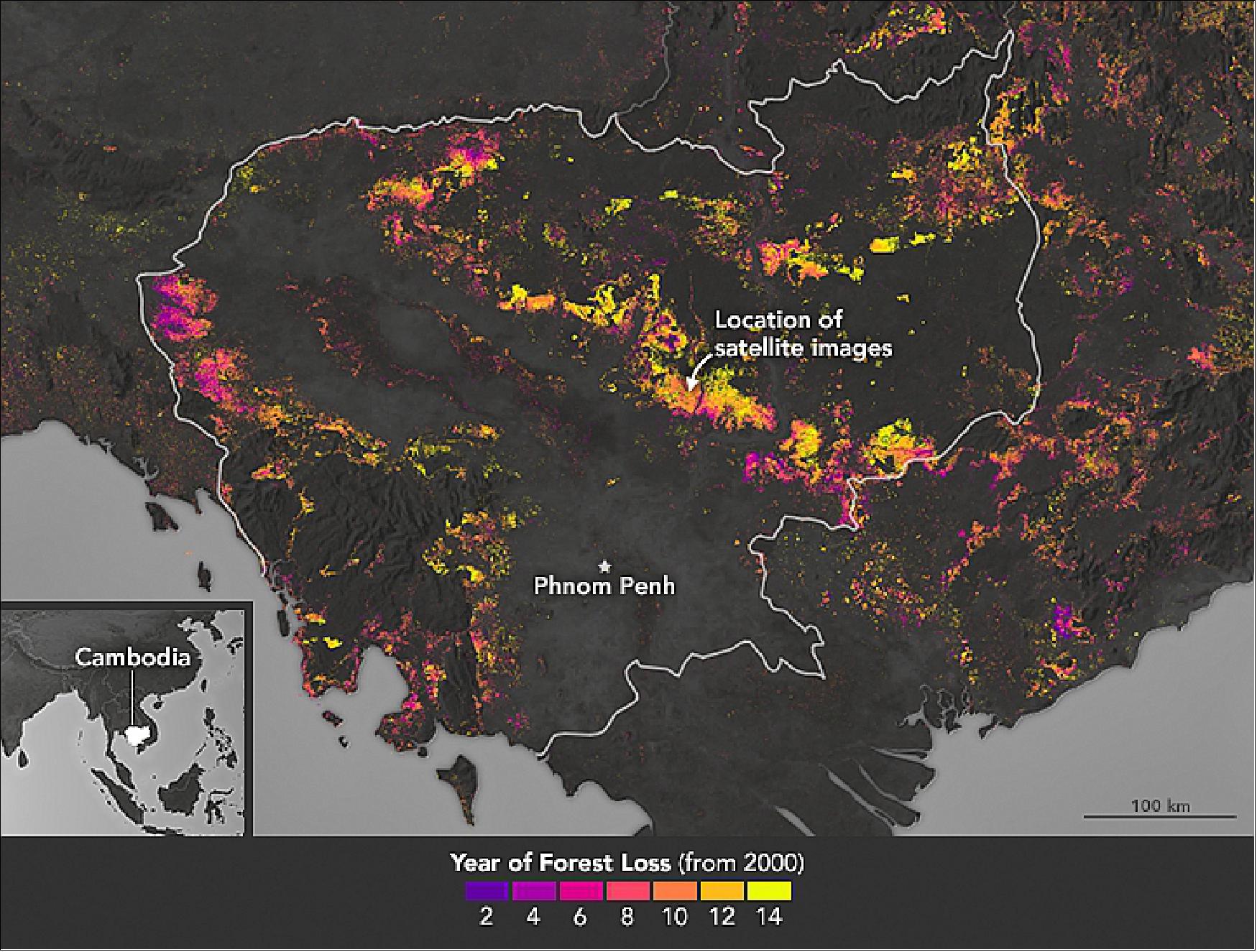 Figure 37: This map, based on Hansen's work, depicts the extent of forest loss throughout Cambodia between 2000 and 2014 (image credit: NASA Earth Observatory)