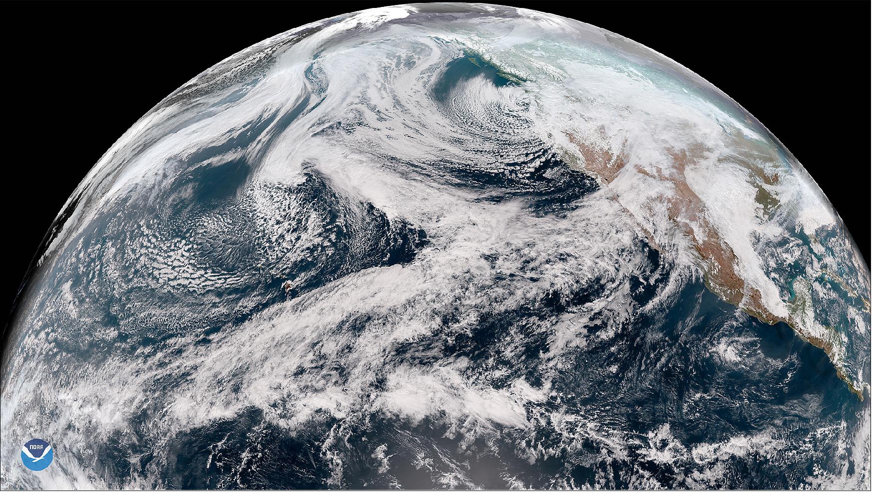 Figure 1: GOES-17 GeoColor view of the Northern Hemisphere, Feb. 9, 2019 (image credit: NOAA/NESDIS)