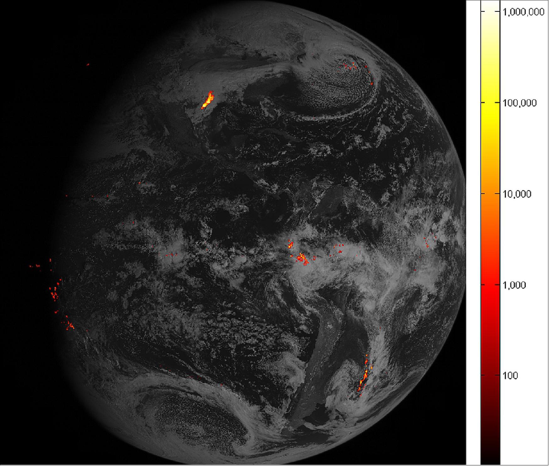 Figure 18: This is one hour of GOES-16's GLM (Geostationary Lightning Mapper) lightning data from Feb. 14, when GLM acquired 1.8 million images of the Earth. It is displayed over GOES-16 ABI full disk Band 2 imagery. Brighter colors indicate more lightning energy was recorded; the color bar units are the calculated kW-hours of total optical emissions from lightning. The brightest storm system is located over the Gulf Coast of Texas (image credit: NOAA, NASA)