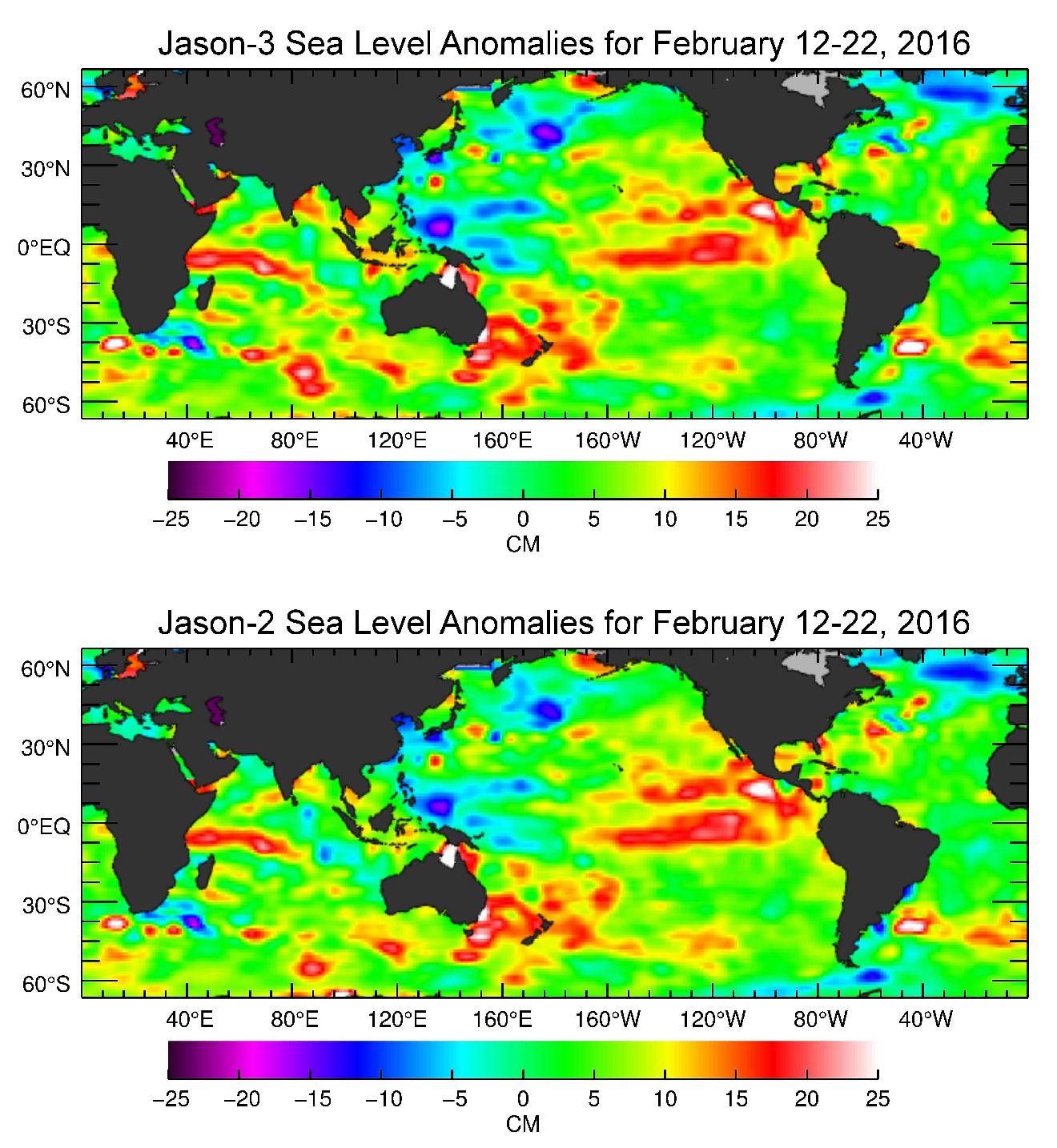 Figure 19: The Jason-3 satellite has produced its first map of sea surface height, which corresponds well to data from its predecessor, Jason-2. Higher-than-normal sea levels are red; lower-than-normal sea levels are blue. El Niño is visible as the red blob in the eastern equatorial Pacific (image credit: NASA/JPL Ocean Surface Topography Team)