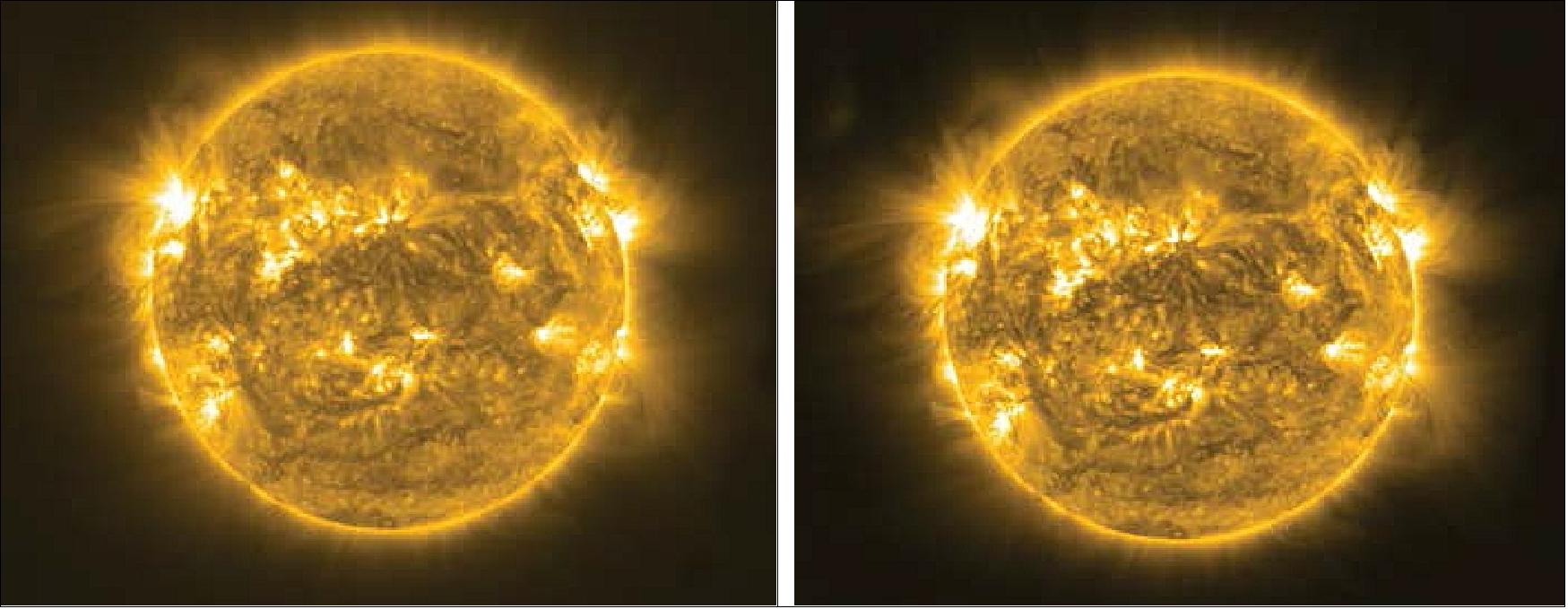 Figure 38: Left: a calibrated image from the PROBA-2 SWAP camera; right: the same image processed by the stray light correction algorithm by D. Seaton (Royal Obs. Belgium) and P. Shearer (Univ. Michigan) showing improved quality (image credit: ESA, Ref. 54)