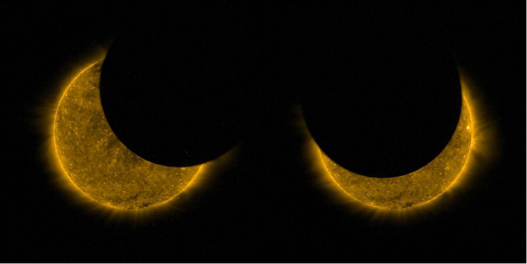 Figure 23: Selected views of the two partial eclipses are seen side-by-side here – the first (left) was captured at 08:40:12 GMT and the second (right) at 10:32:17 GMT on 11 August (image credit: ESA/Royal Observatory of Belgium)