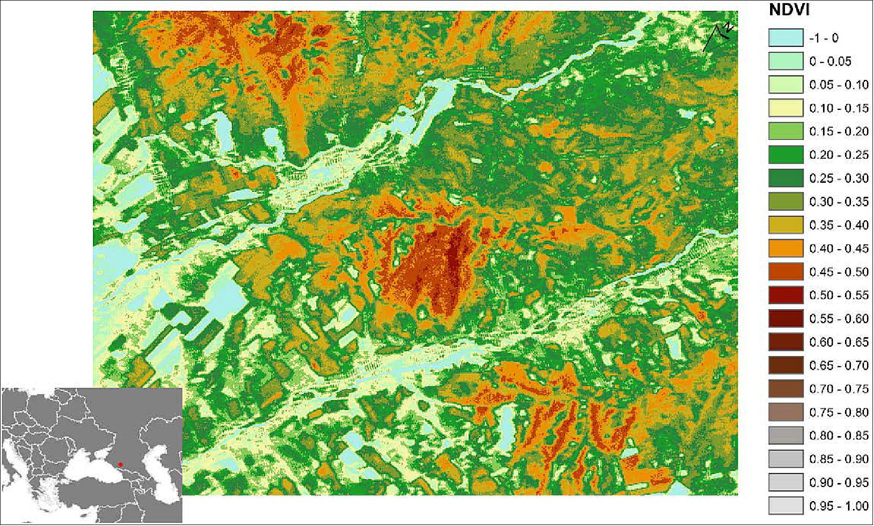 Figure 9: SMI (Spaceborne Multispectral Imager) NDVI map of Kubin, Karachaevo-Cherkessia, Russia, captured on 16 August 2016 at 13:38:40 MSK (Moscow Standard Time), image credit: DOST/ASTI