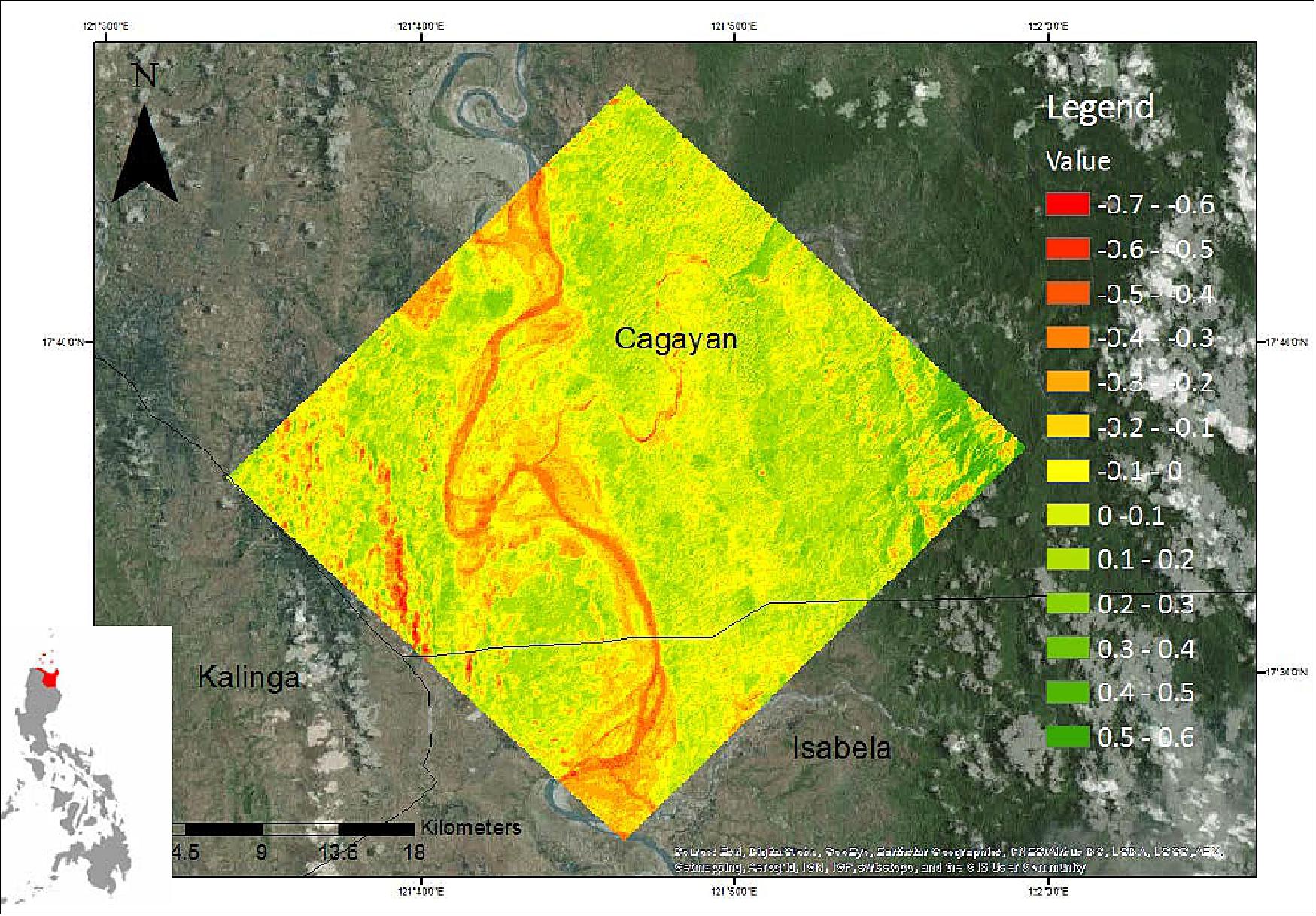 Figure 8: SMI (Spaceborne Multispectral Imager) NDVI (Normalized Difference Vegetation Index) map of Cagayan, Philippines, captured on 24 October 2016 at 07:29:34 PHT (Philippine Time), image credit: DOST/ASTI