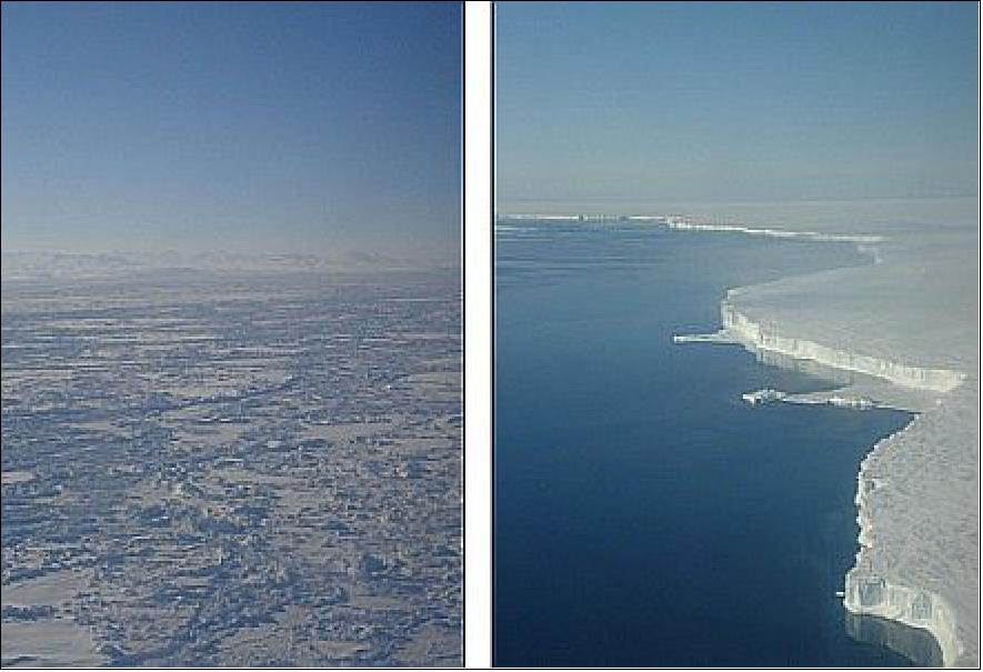 Figure 13: Heavy sea ice conditions outside CFS Alert (left) and terminal of Austfonna ice cap (right), image credit: ESA,