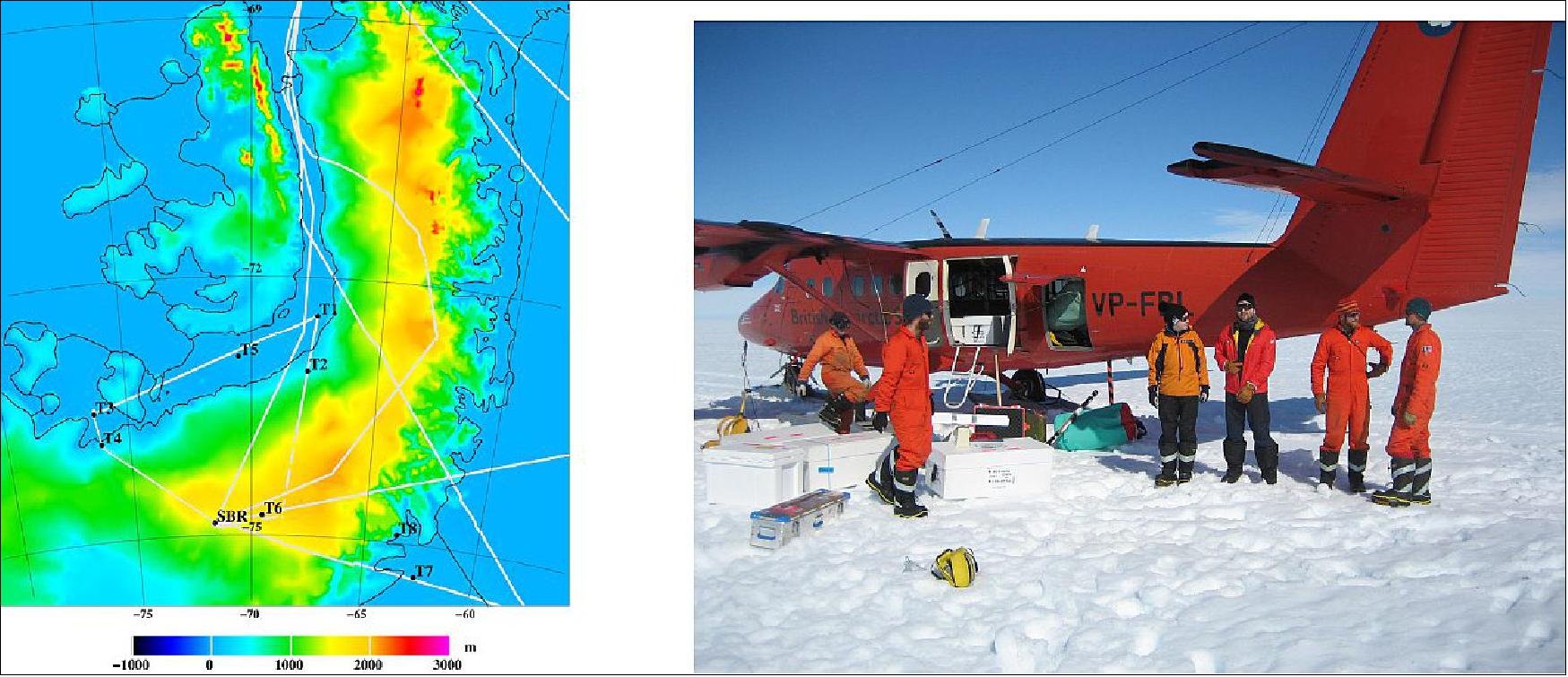 Figure 36: Left: Location of the in-situ ice cap (T2, T4, T6, T8) and ice shelf (T1, T3, T5, T7) UL shallow drilling locations, overlaid by airborne tracks(white); topography in colors. Right: Offloading drilling equipment at the Stange Ice Shelf in-situ site (T3), image Credit: DTU Space, ESA