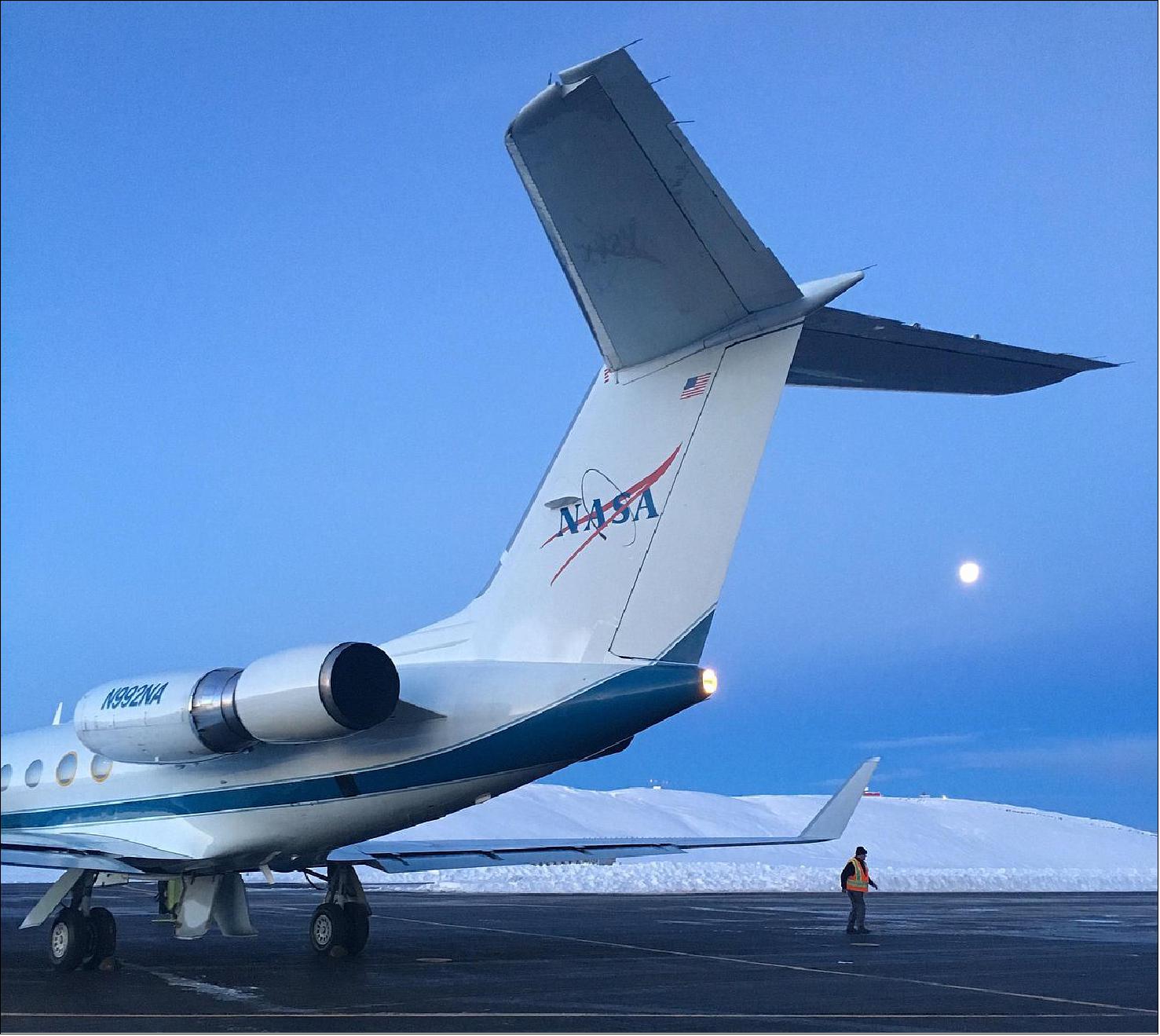 Figure 6: NASA's Gulfstream III was one of several research aircraft that OMG used during the mission's six-year field campaign to record the temperature, salinity, and depth of the ocean around the entire island. OMG used airports in Greenland, Iceland, and Norway as bases for research flights. This image was taken at Thule Air Base, Greenland, on Sept. 18, 2016 (image credit: NASA/JPL-Caltech)