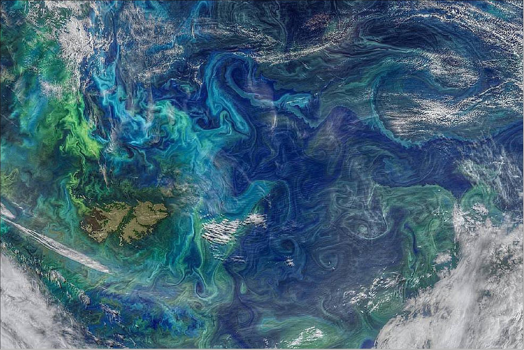 Figure 17: Sub-mesoscale ocean dynamics, like eddies and small currents, are responsible for the swirling pattern of these phytoplankton blooms (shown in green and light blue) in the South Atlantic Ocean on Jan. 5, 2021 (image credits: NASA’s Goddard Space Flight Center Ocean Color, using data from the NOAA-20 satellite and the joint NASA-NOAA Suomi NPP satellite)