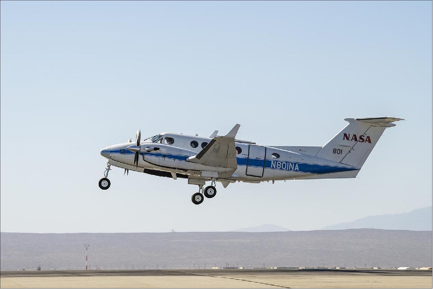 Figure 16: Flight crews at NASA's Armstrong Flight Research Center in Edwards, California, flew the Sub-Mesoscale Ocean Dynamics Experiment (S-MODE) installed in the B200 King Air on May 3, 2021 (image credit: Carla Thomas, NASA Armstrong Flight Research center in Edwards, California)