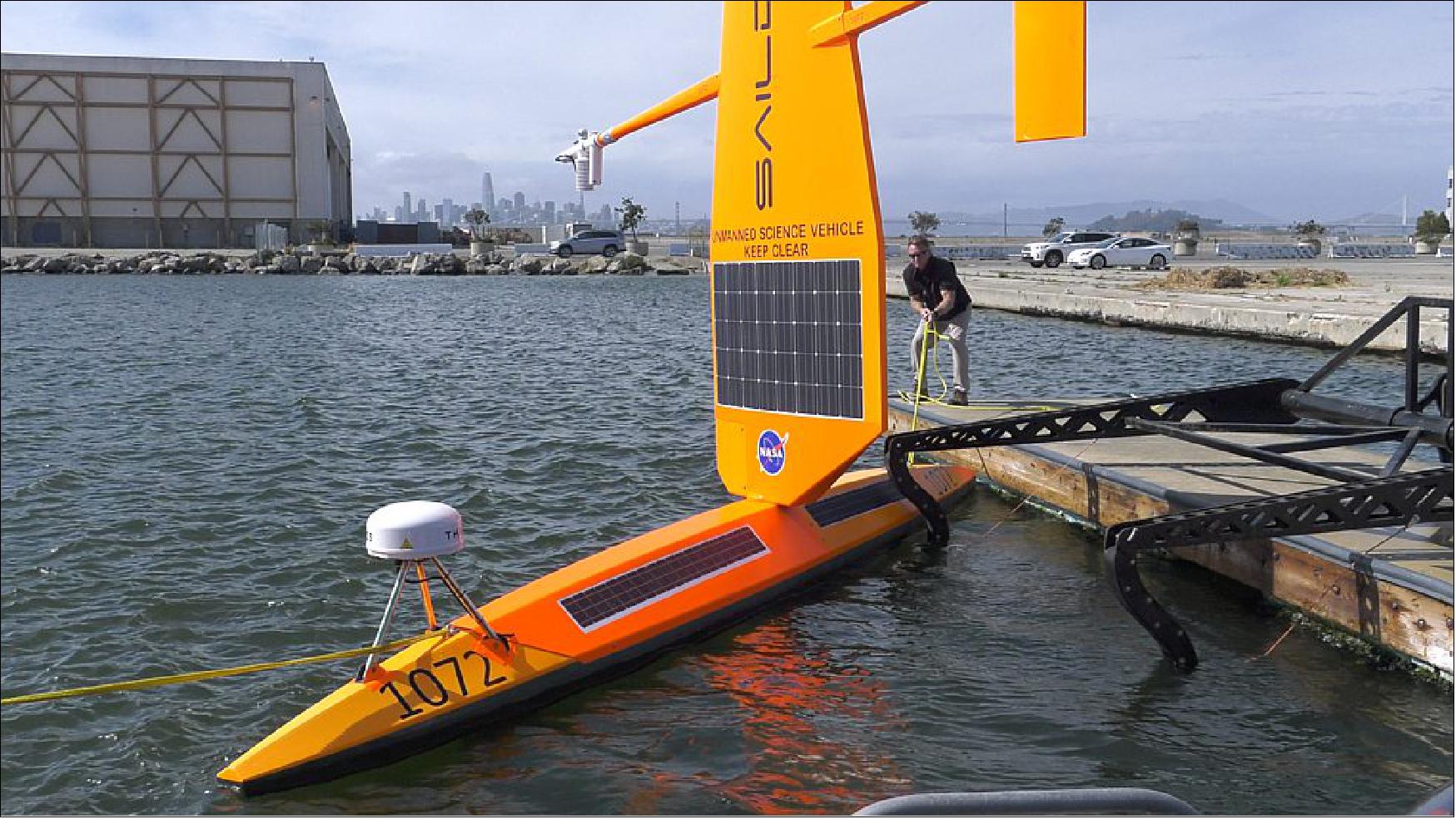 Figure 14: A type of autonomous marine robot called a Saildrone being deployed from Alameda, California (image credit: NASA, Jesse Carpenter)