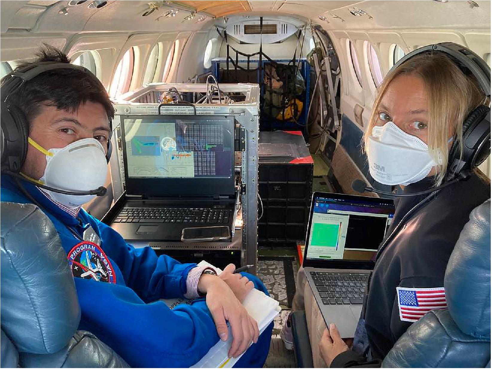 Figure 12: Hector Torres from NASA JPL and Delphine Hypolite from the University of California, Los Angeles onboard the AFRC B200 aircraft during the S-MODE flights (image credits: Scott Howe / Ames Flight Research Center)