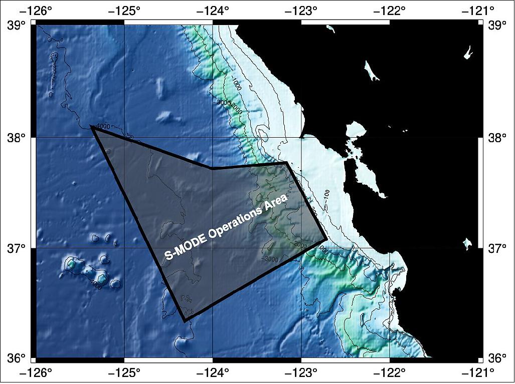 Figure 11: A map of the ocean floor topography off the coast of San Francisco, California, with black lines outlining the S-MODE study site (image credits: Cesar Rocha, University of Connecticut)
