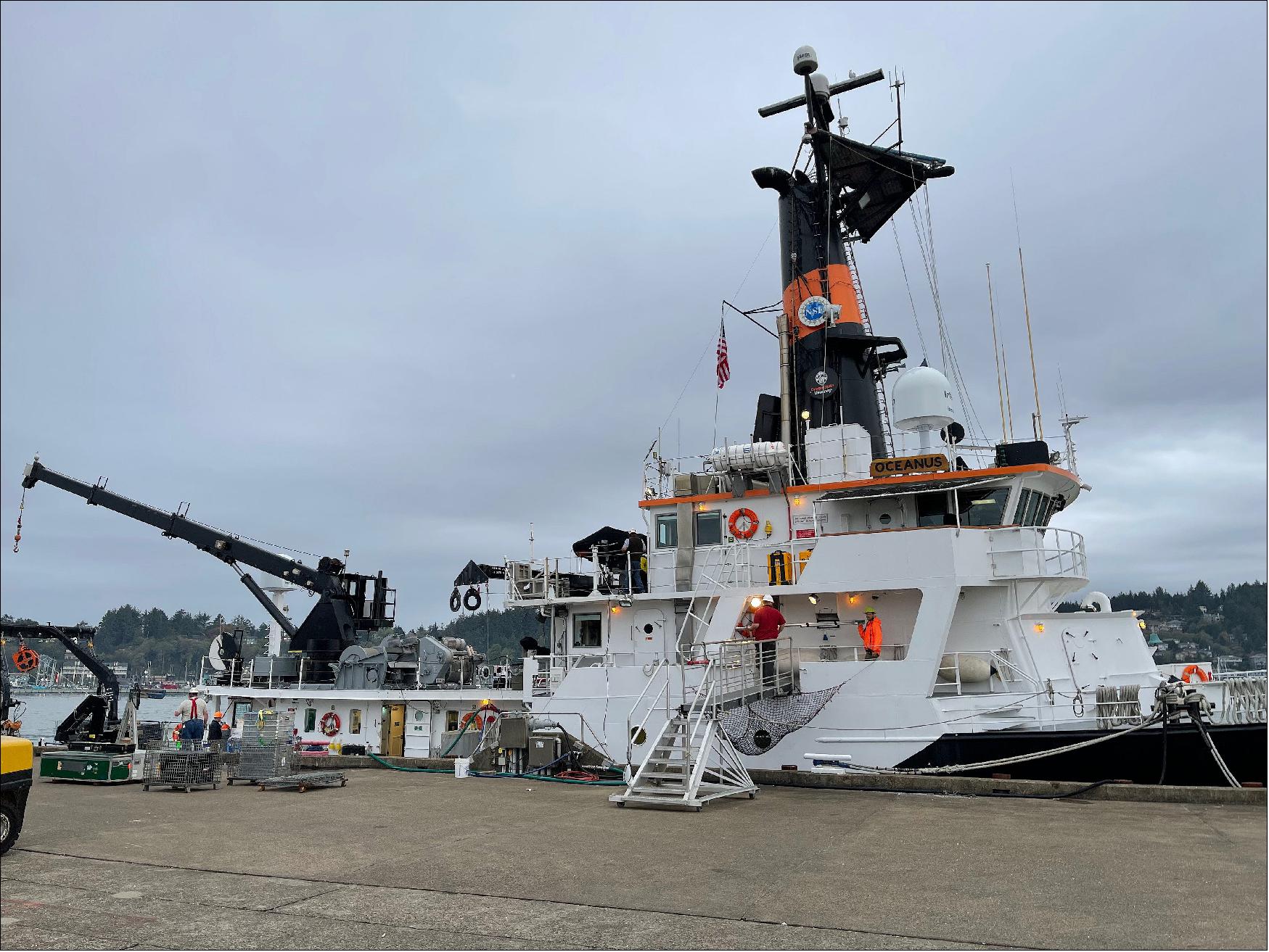 Figure 10: The R/V Oceanus ship docked in Newport, Oregon during S-MODE ship mobilization (image credit: Sommer Nicholas / NASA Ames Research Center)
