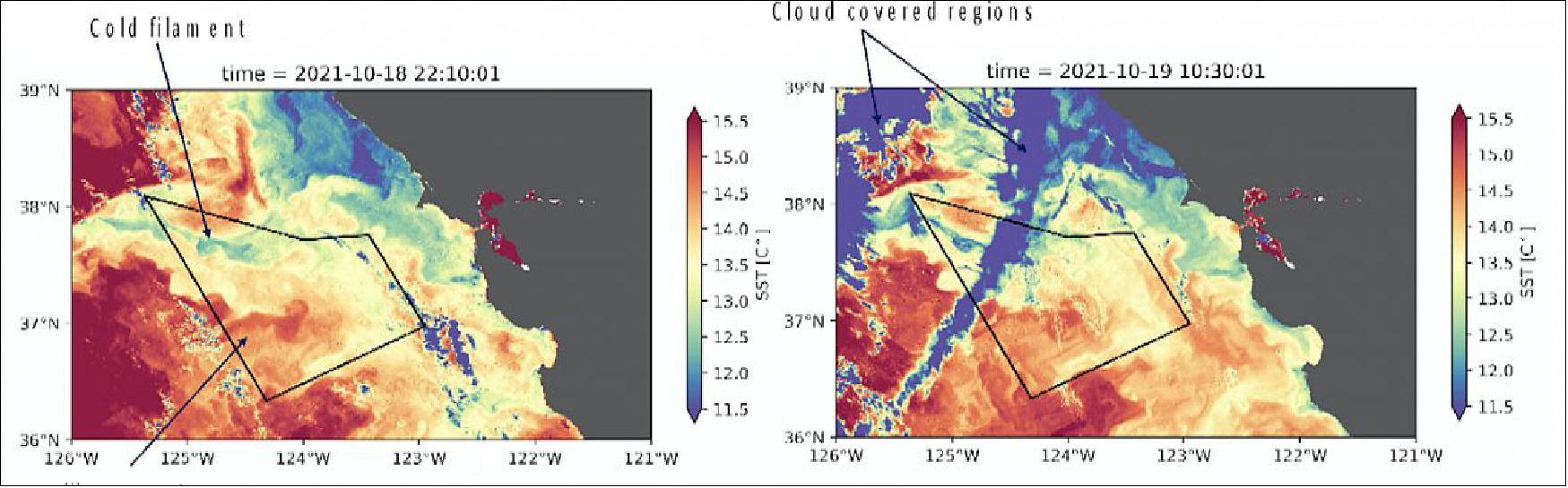 Figure 6: Sea surface temperature images from the Visible Infrared Imaging Radiometer Suite (VIIRS) instrument on S/C show a warm water intrusion propagating into the S-MODE area (black polygon) from the western boundary and a cold water filament propagating into the S-MODE area from the northwestern boundary. Left image obtained on October 18th 2021, right image corresponding to October 19th 2021 (image credit: NASA)