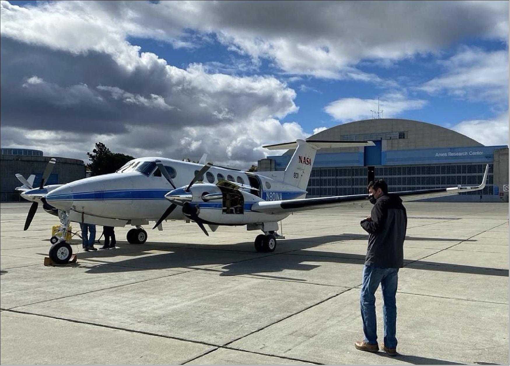 Figure 5: NASA King Air B200 aircraft on arrival at Ames Research Center carrying DopplerScatt and MOSES instruments (image credit: Erin Czech / NASA Ames Research Center)