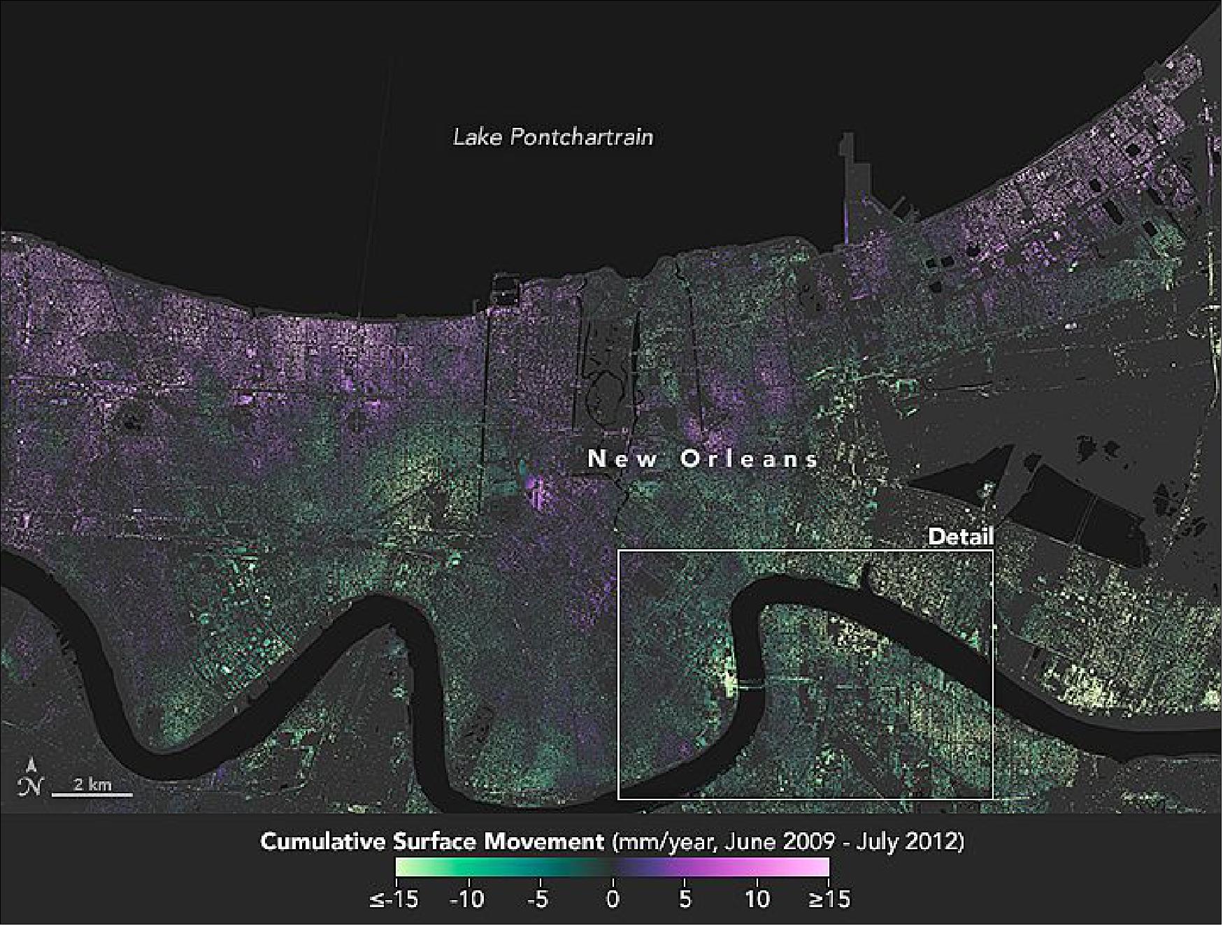 Figure 12: This map shows how much the ground in the New Orleans area sank (subsidence) or rose (uplift) relative to its 2009 elevation, plotted in millimeters per year. Shades of green depict lands that sank, while areas in purple rose (image credit: NASA Earth Observatory)