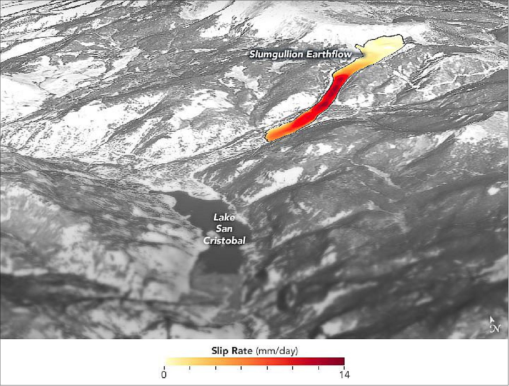 Figure 8: This map shows where and how quickly land is sliding within the Slumgullion landslide (also known as an earthflow). Land depicted in dark red was found to be sliding as much as 14 millimeters (0.55 inches) per day. The map is derived from data collected during multiple research flights from 2011 and 2018 by the Uninhabited Aerial Vehicle Synthetic Aperture Radar (UAVSAR); those data are overlaid on a digital elevation model from the Shuttle Radar Topography Mission (image credit: NASA Earth Observatory images by Joshua Stevens, using data courtesy of Hu, X., et al. (2020) and Landsat data from the U.S. Geological Survey. Photograph by Bill Schulz/USGS. Story by Esprit Smith, NASA’s Earth Science News Team, with Mike Carlowicz)