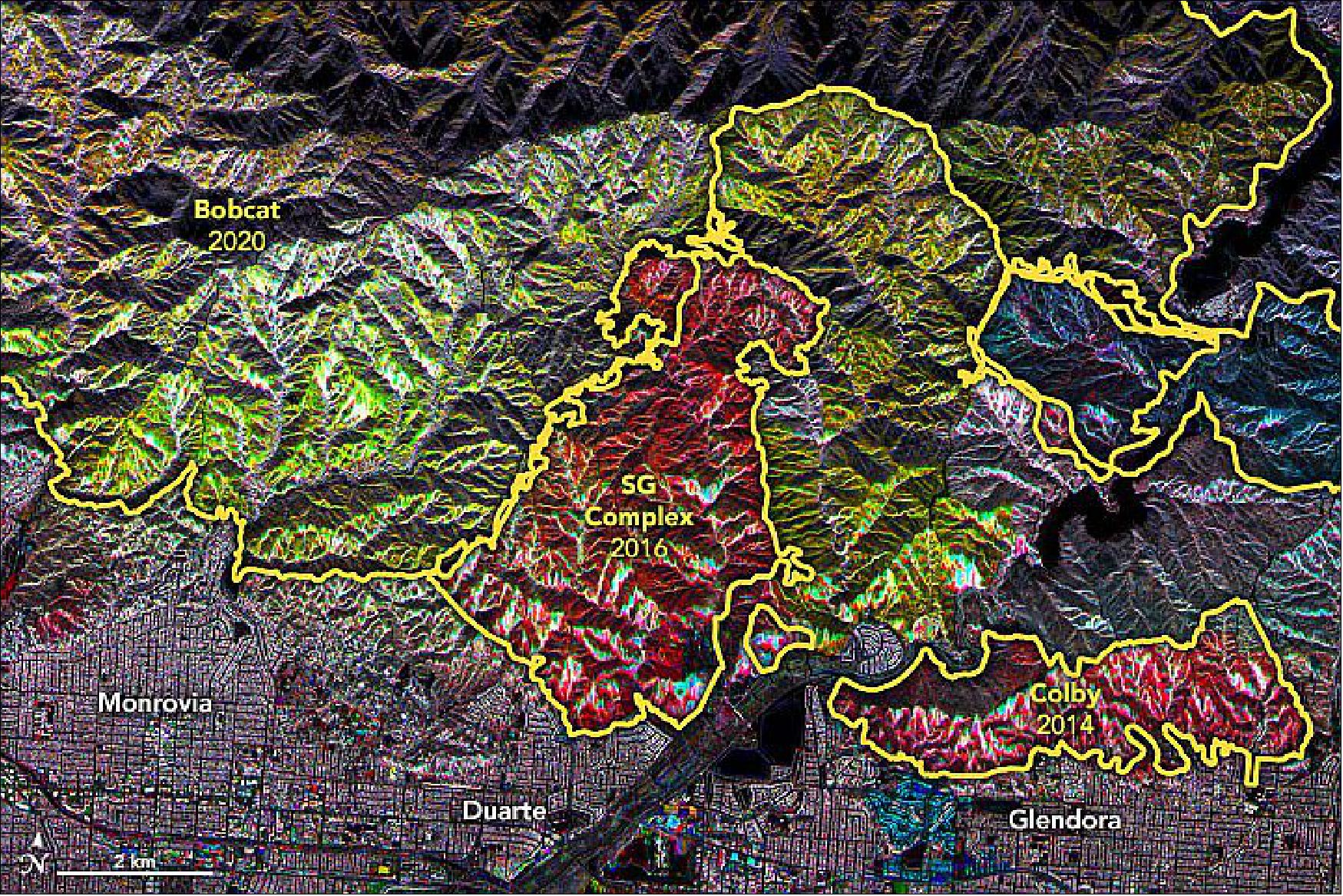Figure 5: The maps are essentially mosaics of the observations across a decade. Radar signals bounce off burned, barren terrain differently than they reflect from unburned, brush-covered hillsides or from fresh growth. The colors indicate the relative amount of vegetation observed by different UAVSAR flights at different times. Yellow lines on the maps indicate the extent of several major fires: Station, Colby, San Gabriel (SG) Complex, La Tuna, and Bobcat (image credit: NASA Earth Observatory)