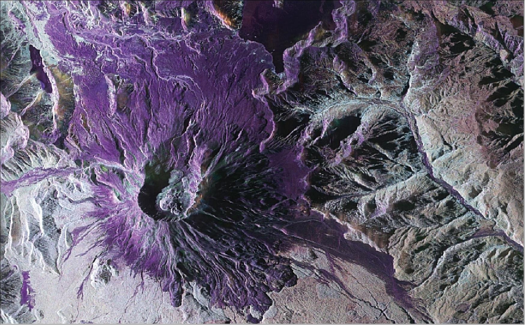 Figure 18: Polarimetric composite image of Mt. St. Helens taken with UAVSAR in 2007 (image credit: NASA/JPL, Ref. 28)