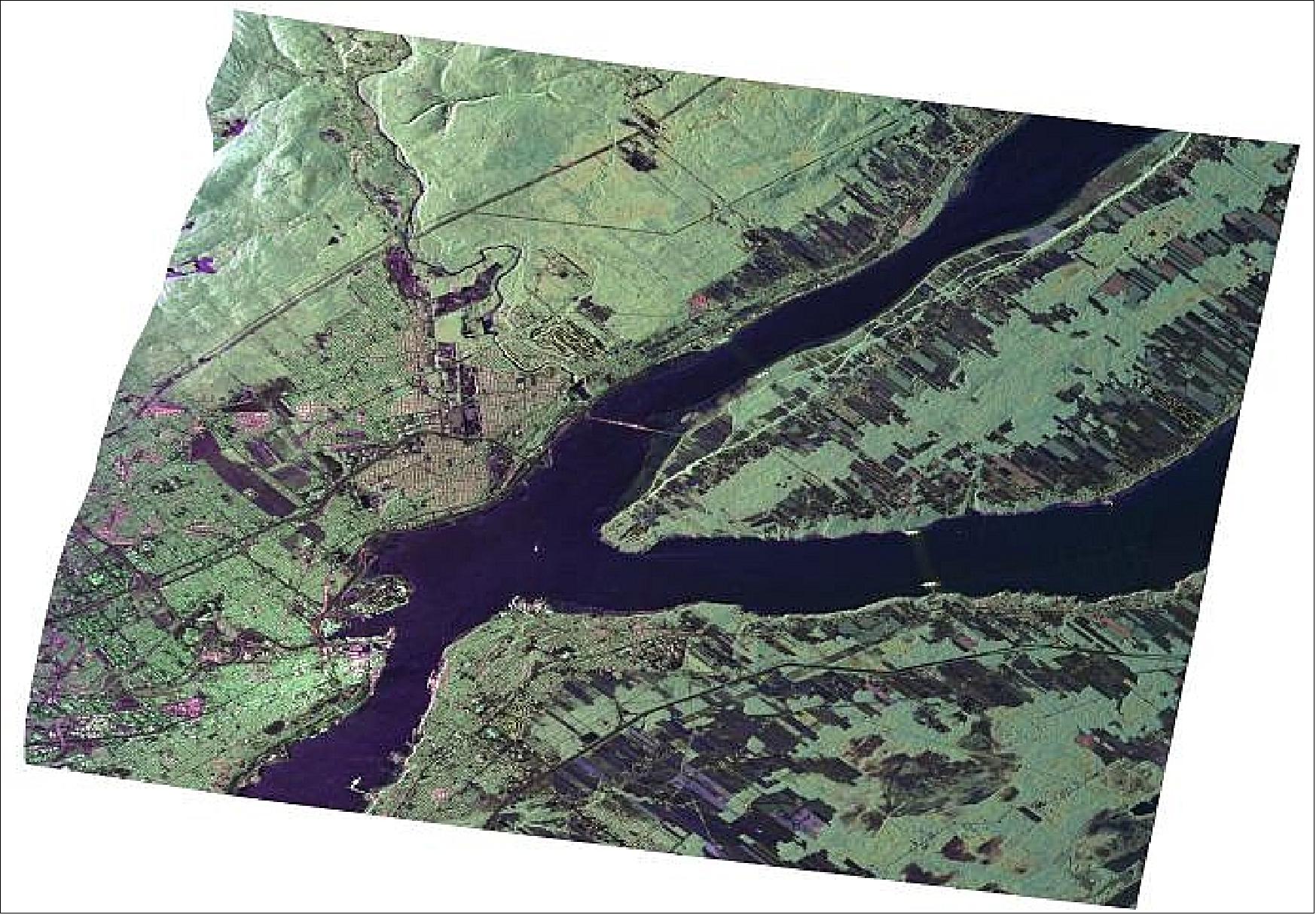 Figure 17: UAVSAR composite radar image around Québec City, Canada, during an 11-day campaign in August 2009 (image credit: NASA/JPL) 26)