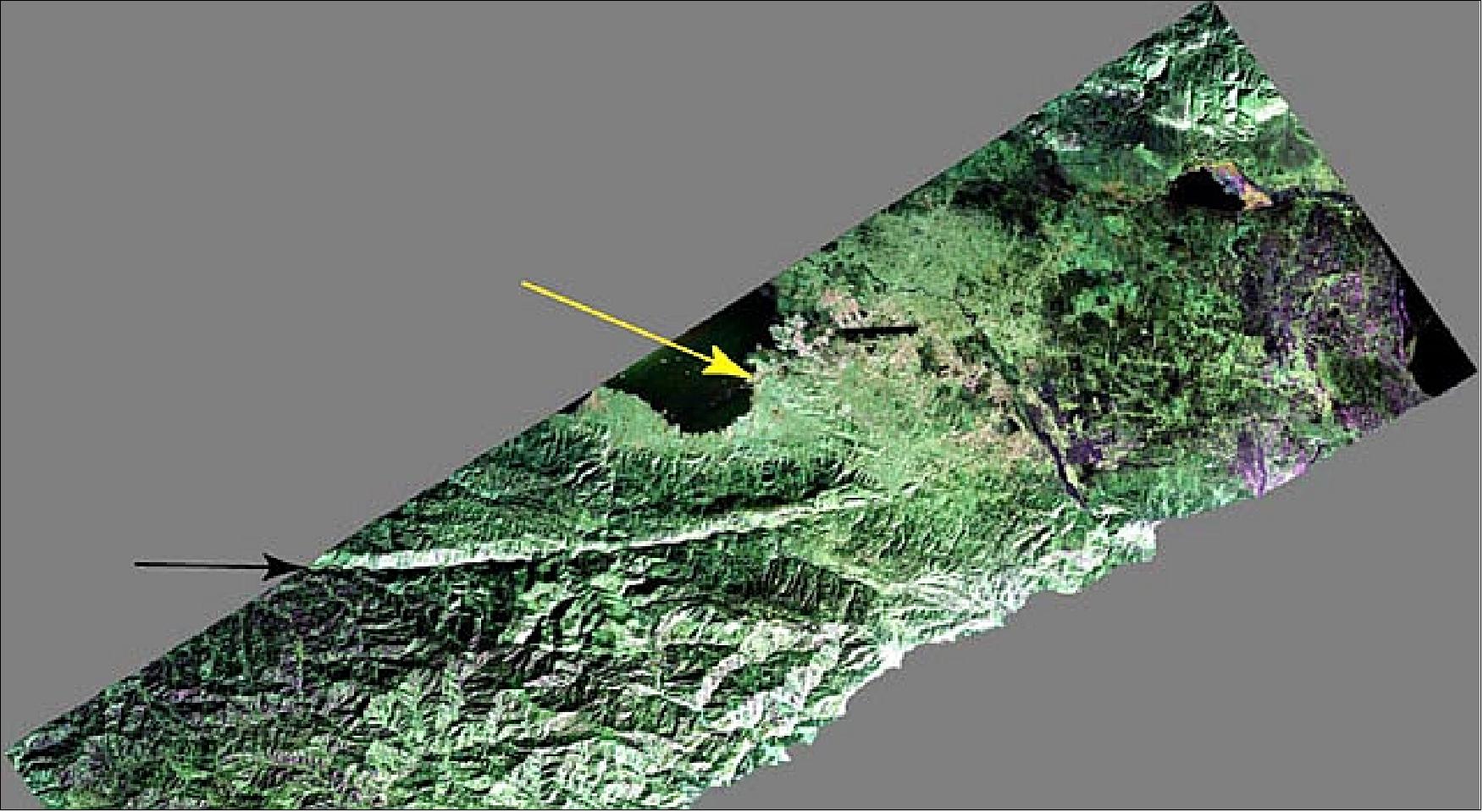 Figure 16: False-color composite image of the Port-au-Prince, Haiti region, taken Jan. 27, 2010 by the UAVSAR airborne radar (image credit: NASA/JPL) 24)