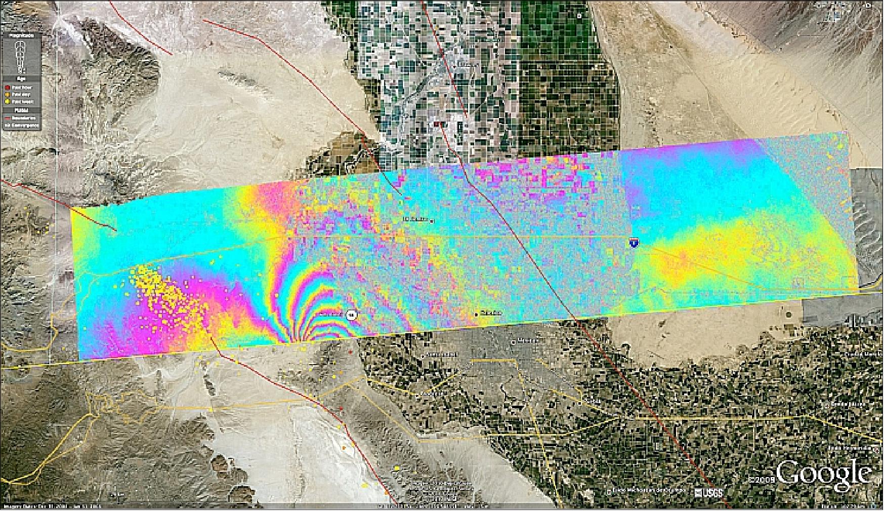 Figure 15: Overview of the UAVSAR interferogram of the magnitude 7.2 Baja California earthquake of April 4, 2010, overlaid atop a Google Earth image of the region (image credit: NASA/JPL)