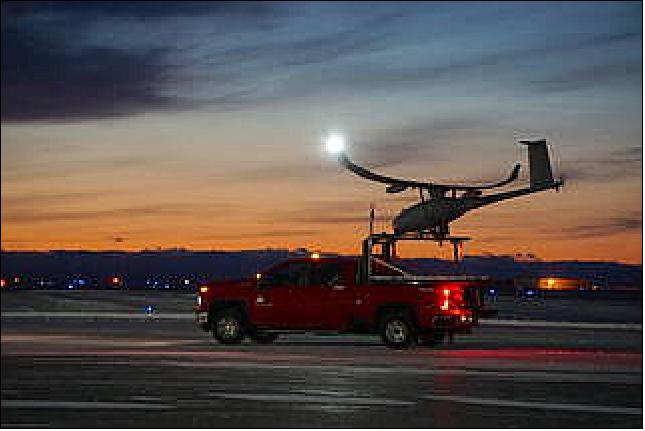 Figure 2: Vanilla, a fixed-wing drone, preparing for takeoff in Deadhorse Airport, Alaska. The aircraft was designed and manufactured by Vanilla Unmanned, owned and operated by Platform Aerospace. The drone carries a snow radar instrument that provides the only way to accurately measure the depth of snow remotely. It was developed by scientists at the University of Kansas Center for Remote Sensing of Ice Sheets for NASA's Operation IceBridge and then tweaked to fit on Vanilla (image credits: NASA's Goddard Space Flight Center/Brooke Medley)