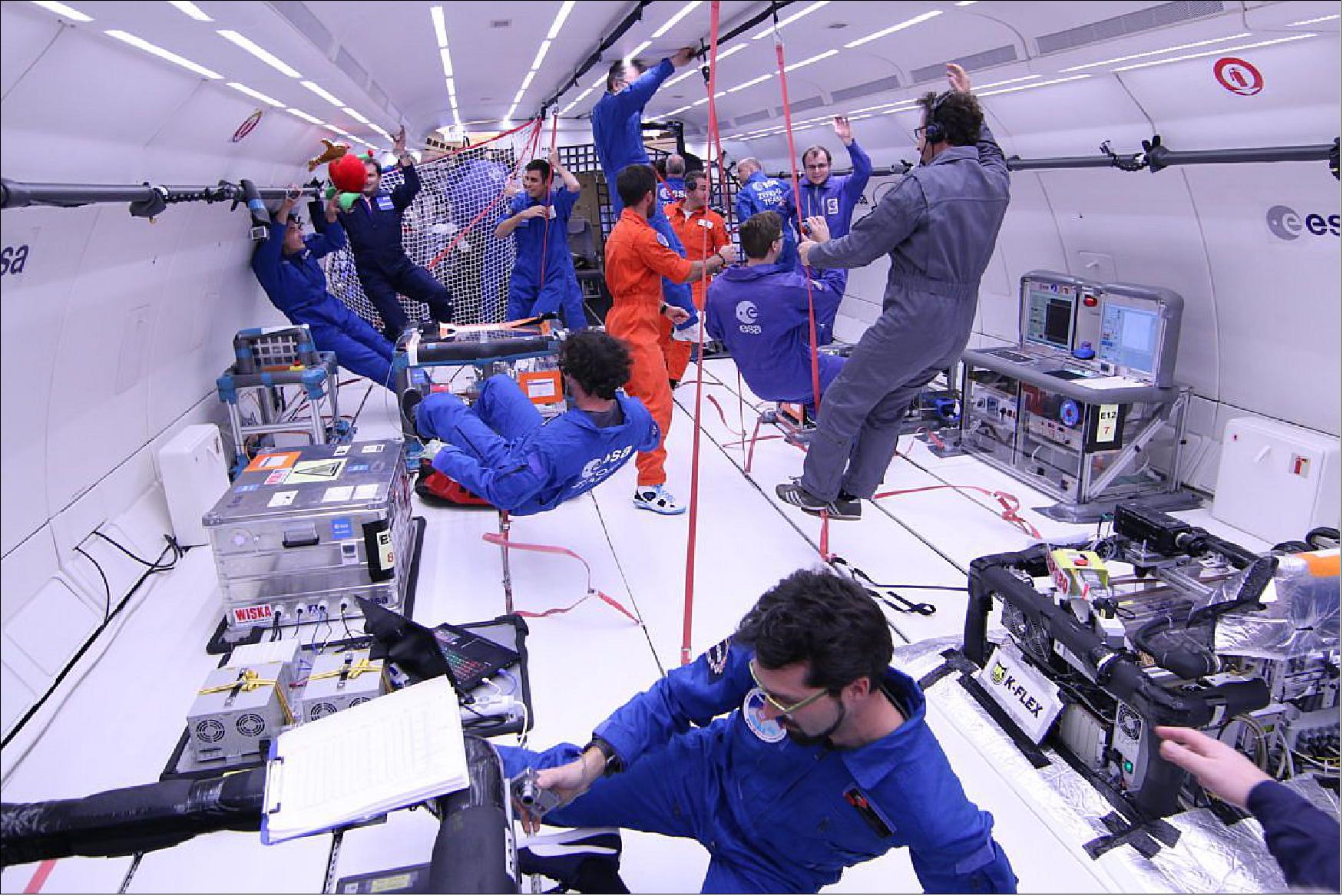 Figure 25: Novespace’s A310 ZERO-G cabin can get very busy with experiments and experimenters. Experiments are mostly automated and only require operator intervention in between parabolas allowing for the weightless experience to be fully enjoyed (image credit: ESA)