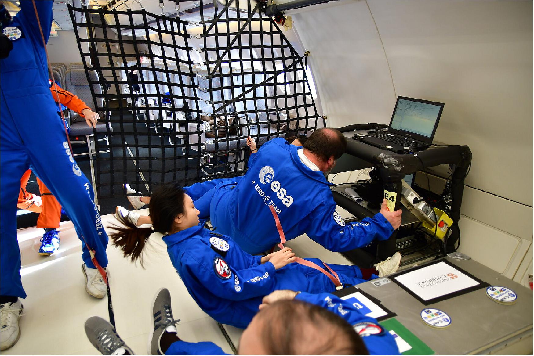 Figure 11: Parabolic flights treat passengers and experiments to a rollercoaster ride, flying angled at 49º 20 times per flight. They are used to conduct short-term scientific and technological investigations in microgravity and reduced gravity, to test instrumentation before use in space, to validate operational and experimental procedures, and to train astronauts for spaceflight. This picture was taken during the first flight day of ESA's 72nd parabolic flight campaign in November 2019 (image credit: ESA, M. Cowan)