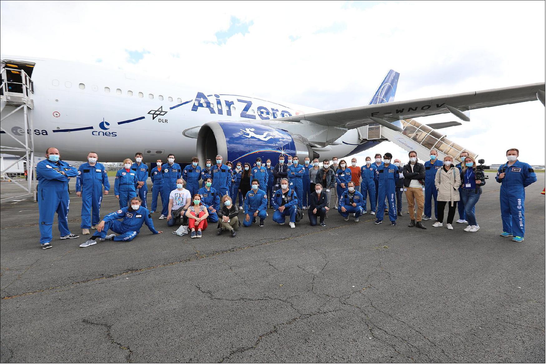 Figure 3: Researchers take a group photo in front of the Air Zero G aircraft to mark the end of the 75th ESA parabolic flight campaign. The campaign was the third to take place under COVID-19 restrictions, and ran from 21 to 30 April in Bordeaux, France (image credit: Novespace)