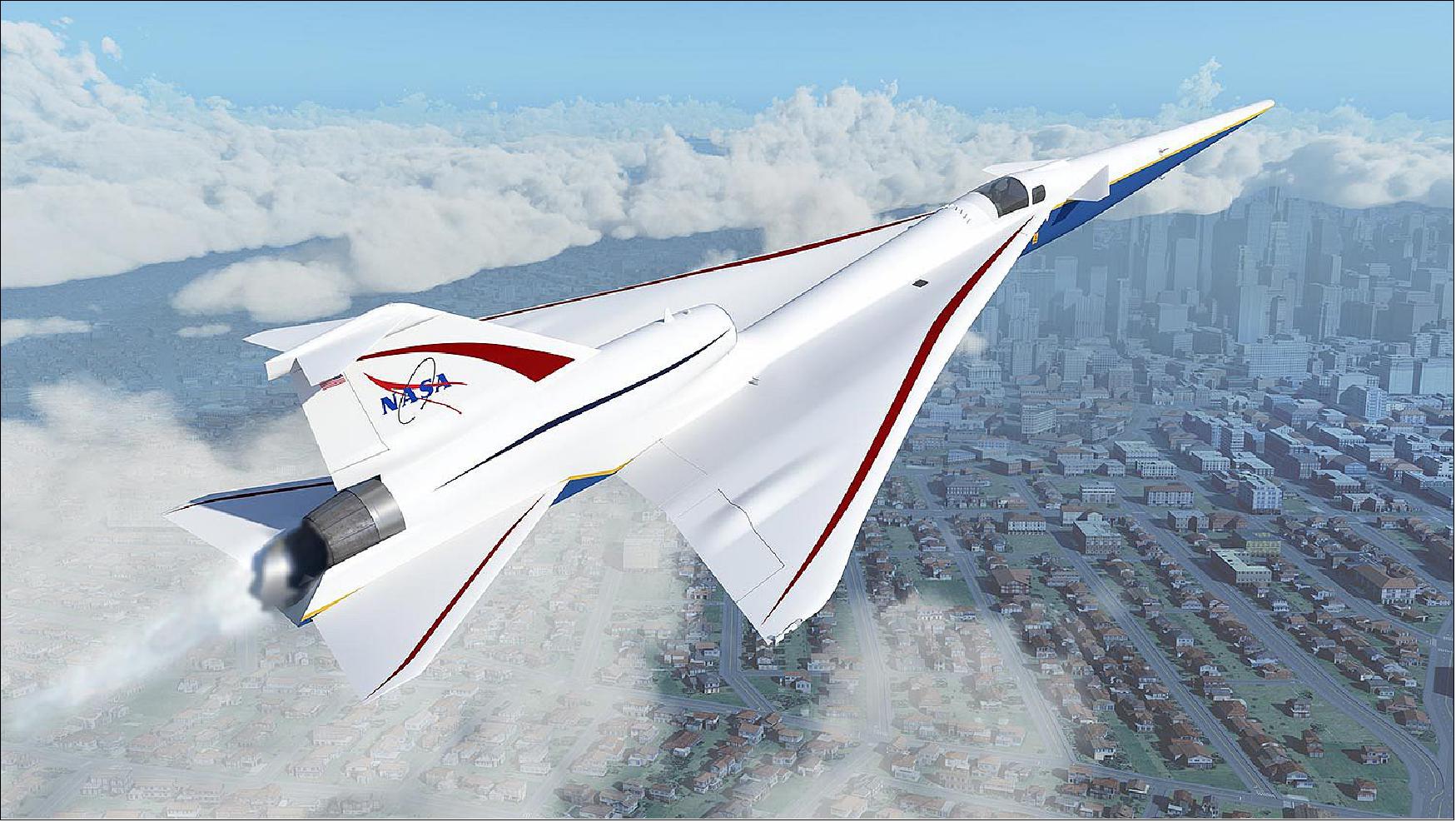 Figure 7: NASA's X-59 QueSST (Quiet SuperSonic Technology) aircraft is designed to fly faster than the speed of sound without producing a loud, disruptive sonic boom, which is typically heard on the ground below aircraft flying at such speeds. Instead, with the X-59, people on the ground will hear nothing more than a quiet sonic thump – if they hear anything at all. The X-59 will fly over communities around the United States to demonstrate this technology, but first, NASA will need to validate the X-plane's acoustic signature, using a ground recording system (image credit: NASA / Joey Ponthieux)