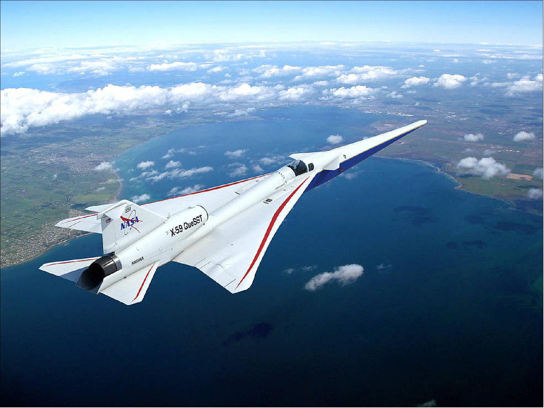 Figure 6: This composite image, which includes an illustration of NASA's X-59 research aircraft, shows the airplane's final configuration following years of research and design engineering. The single-pilot aircraft is now under construction at Lockheed Martin's Skunk Works facility in Palmdale, California (image credit: Lockheed Martin)
