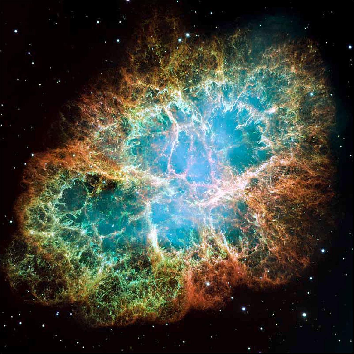 Figure 10: This is a mosaic image — one of the largest ever taken by NASA's Hubble Space Telescope — of the Crab Nebula, a six-light-year-wide expanding remnant of a star's supernova explosion. Recent research shows that galactic cosmic rays flowing into our solar system originate in clusters like these (image credit: NASA/ESA/Arizona State University)