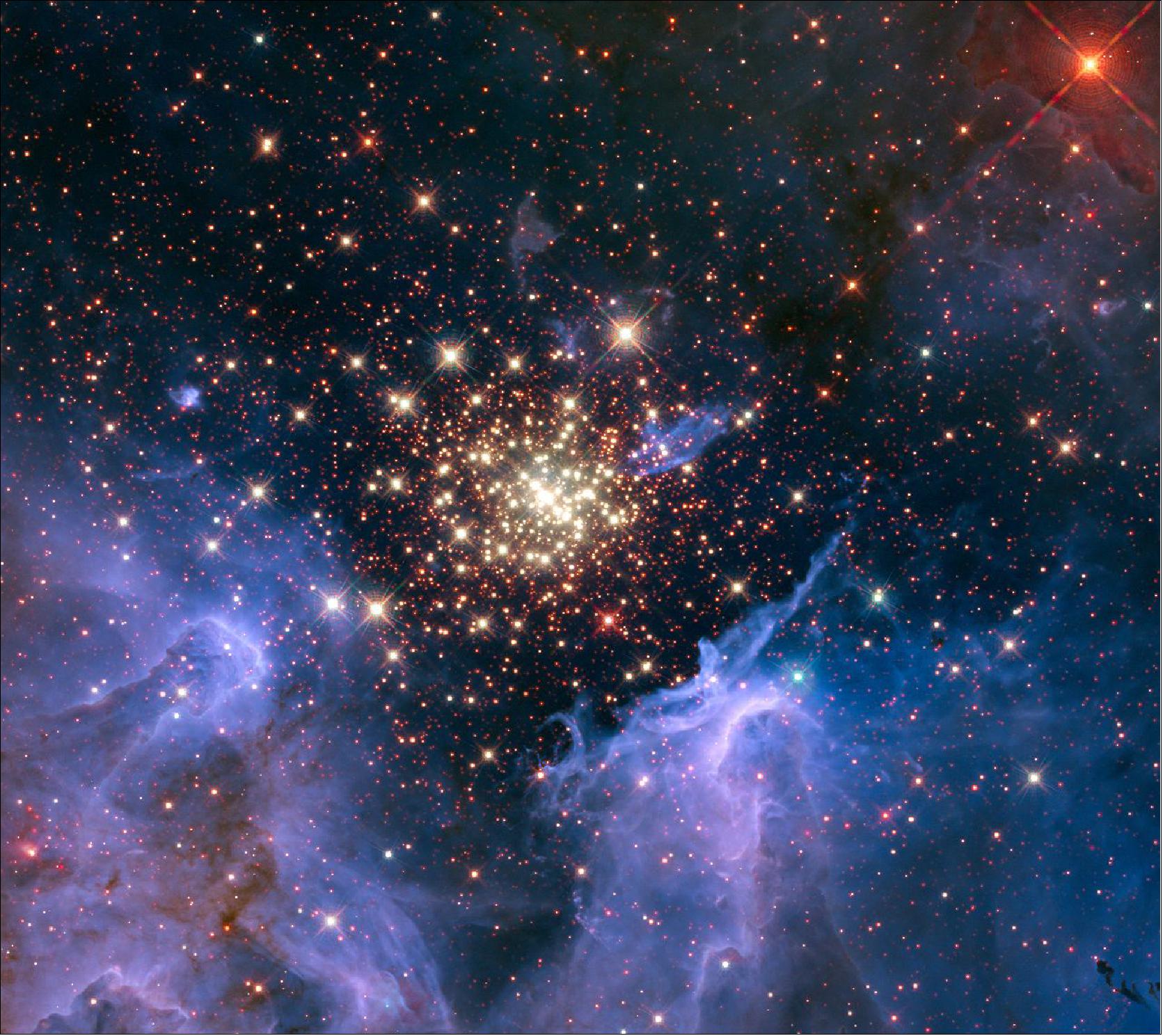 Figure 9: A cluster of massive stars seen with the Hubble Space Telescope. The cluster is surrounded by clouds of interstellar gas and dust called a nebula. The nebula, located 20,000 light-years away in the constellation Carina, contains the central cluster of huge, hot stars, called NGC 3603. Recent research shows that galactic cosmic rays flowing into our solar system originate in clusters like these 8image credit: NASA/U. Virginia/INAF, Bologna, Italy/USRA/Ames/STScI/AURA)