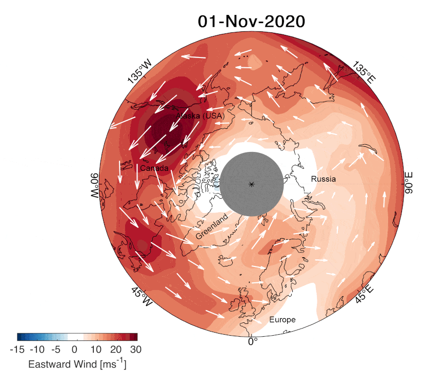 Figure 16: The animation uses data from ESA's Aeolus wind satellite and shows how the polar vortex in the lower stratosphere changed between 1 December 2020 and 1 February 2021. The first few plots at the beginning of December show the vortex in a comparatively normal state, but in mid-December patches of blue wind appear, and the wind is going backwards relative to normal conditions. Scientists are using wind information from Aeolus to shed more light on this complex phenomenon that can disrupt the weather at lower latitudes (animation image credit: University of Bath/C. Wright)