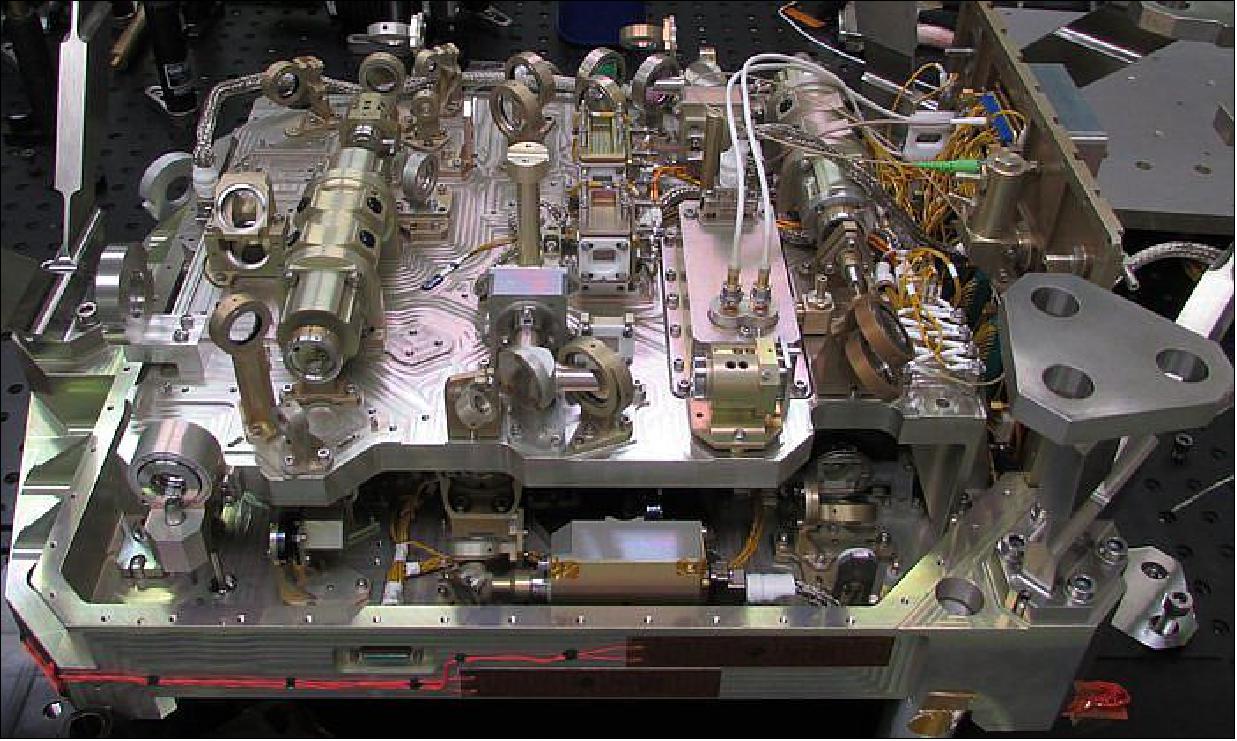 Figure 79: Photo of the ADM-Aeolus second ALADIN laser prior to closure showing the complexity of the 80 optical components contained within a relatively small space of 45 x 34 x 20 cm and a mass of ~30 kg (image credit: Selex-ES)