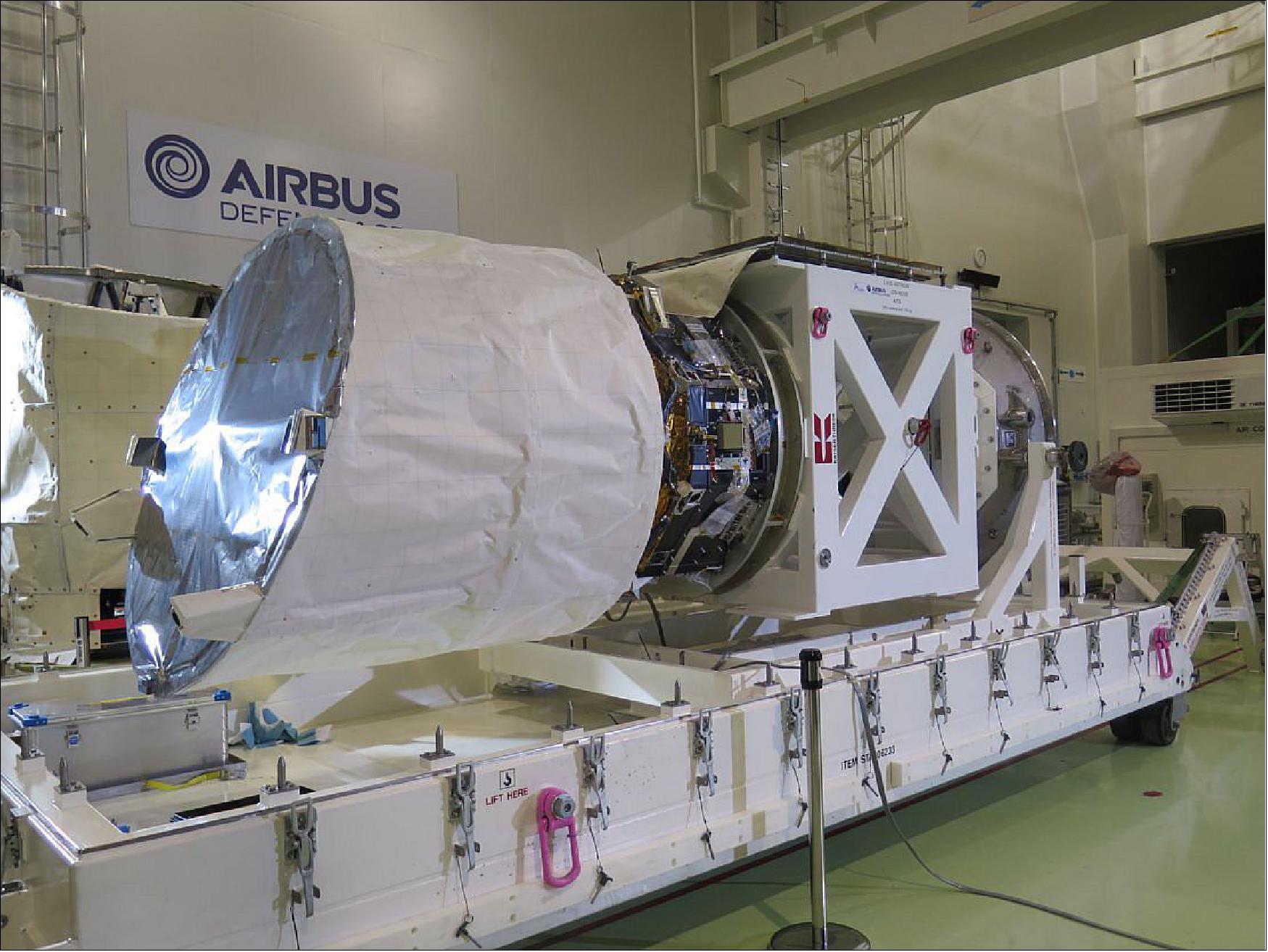 Figure 78: Photo of the ALADIN telescope and instrumentation at Airbus DS in Toulouse to be shipped to Airbus DS UK for installation into the ADM/Aeolus spacecraft (image credit: Airbus DS)