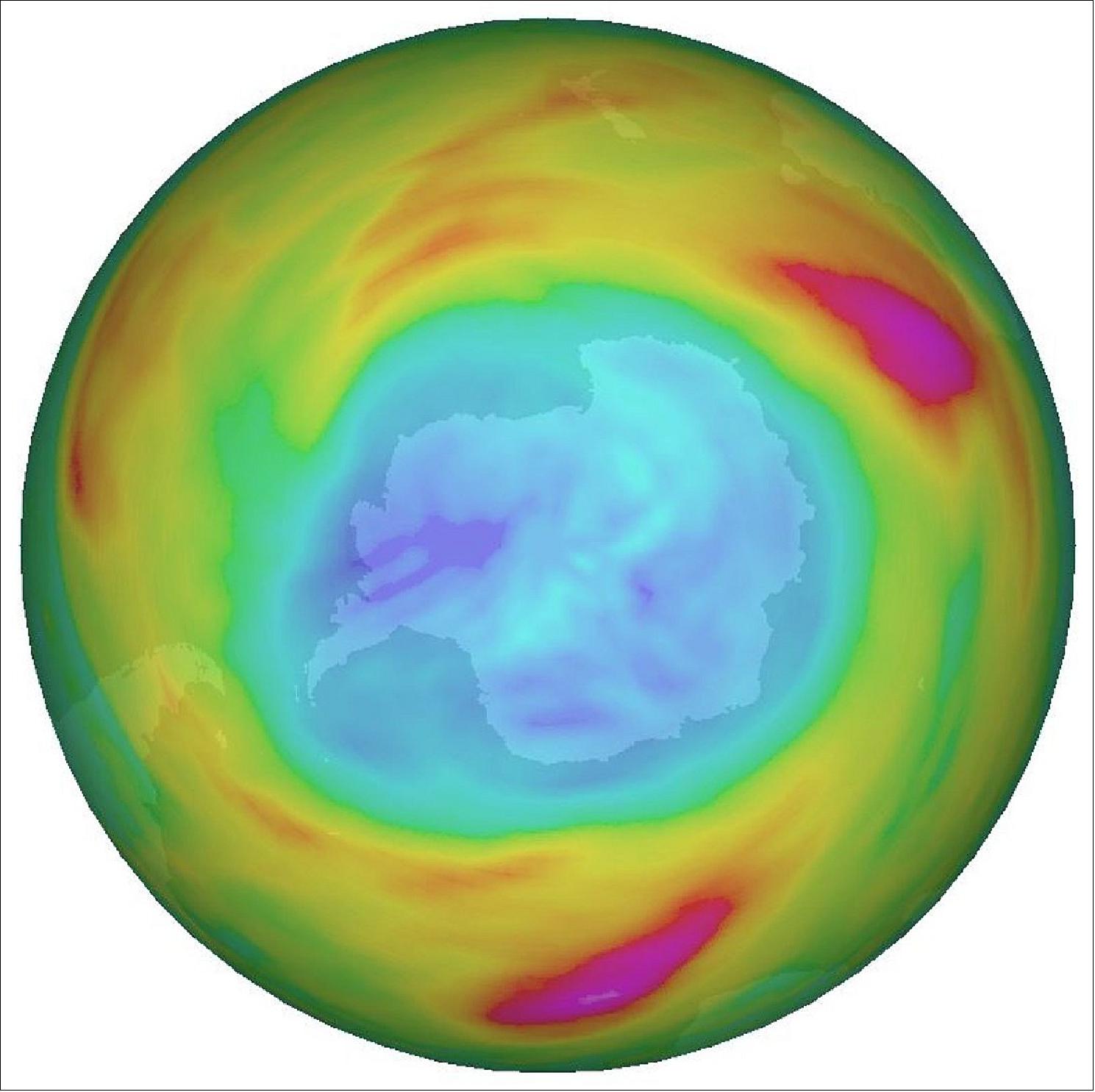 Figure 45: Ozone hole over Antarctica on 4 September 2018. Strong winds, called the Stratospheric Polar Vortex, around the South Pole play an important role in the depletion the ozone at this time of the year. Low ozone is shown in blue and high in pink (image credit: KNMI–Temis, released on 12 September 2018)