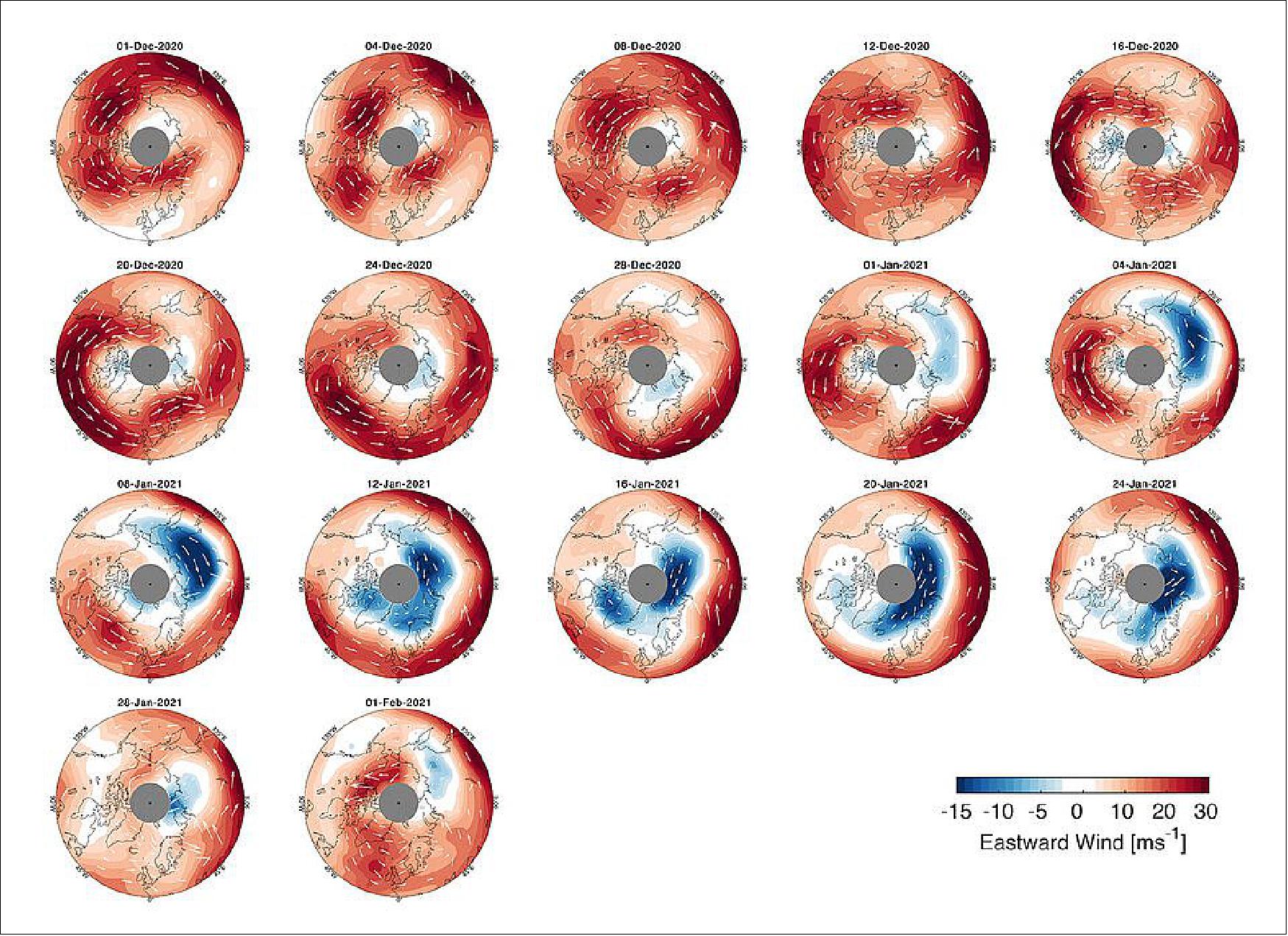 Figure 19: Based on data from ESA's Aeolus wind mission, the image shows how the polar vortex in the lower stratosphere changed between 1 December 2020 and 1 February 2021. The first few plots at the beginning of December show the vortex in a comparatively normal state, but in mid-December patches of blue wind appear, and the wind is going backwards relative to normal conditions (image credit: University of Bath/C. Wright)