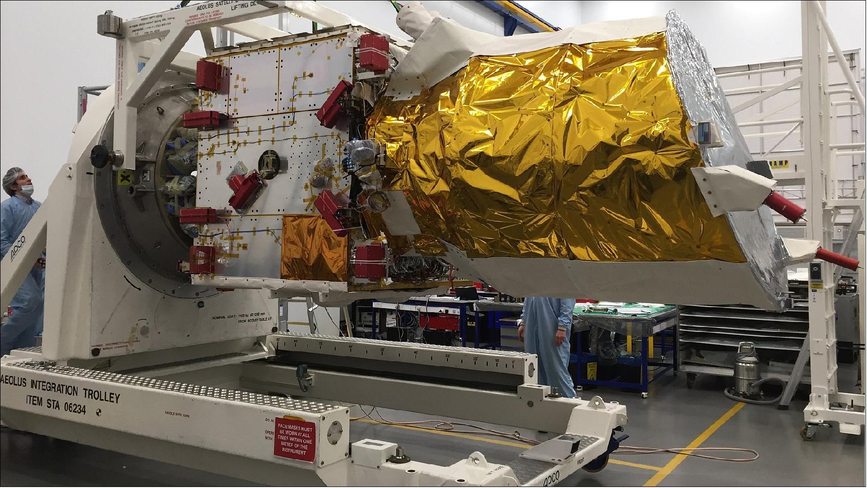 Figure 75: Now that Aeolus is equipped with its ALADIN instrument, it is ready to be moved from Airbus Defence and Space in the UK to their facilities in Toulouse, France. There it will start the last round of tests before being shipped to the launch site (image credit: Airbus DS)