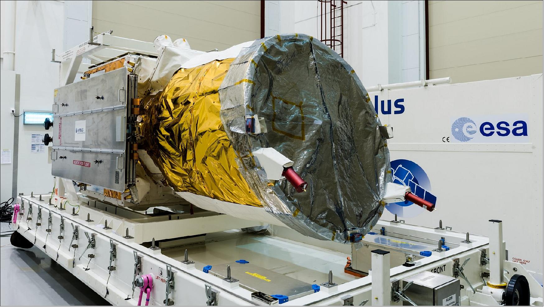 Figure 72: Before ESA’s Aeolus satellite is packed up and shipped to French Guiana for liftoff in August, media representatives had the chance to see this wind measuring Earth Explorer satellite standing proud in the Airbus Defence and Space cleanroom in Toulouse, France (image credit: ESA, M. Pedoussaut)