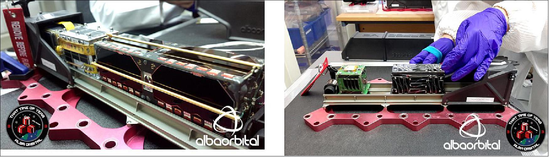 Figure 6: Left: AlbaPod integrated with 3 satellite (DelfiPQ and twin AMSAT-EA PocketQubes HADES and EASAT-2). Right: TRSI-2 (1p) and Unicorn-1 (2p)integrated into AlbaPod deployer (image credit: Alba Orbital)